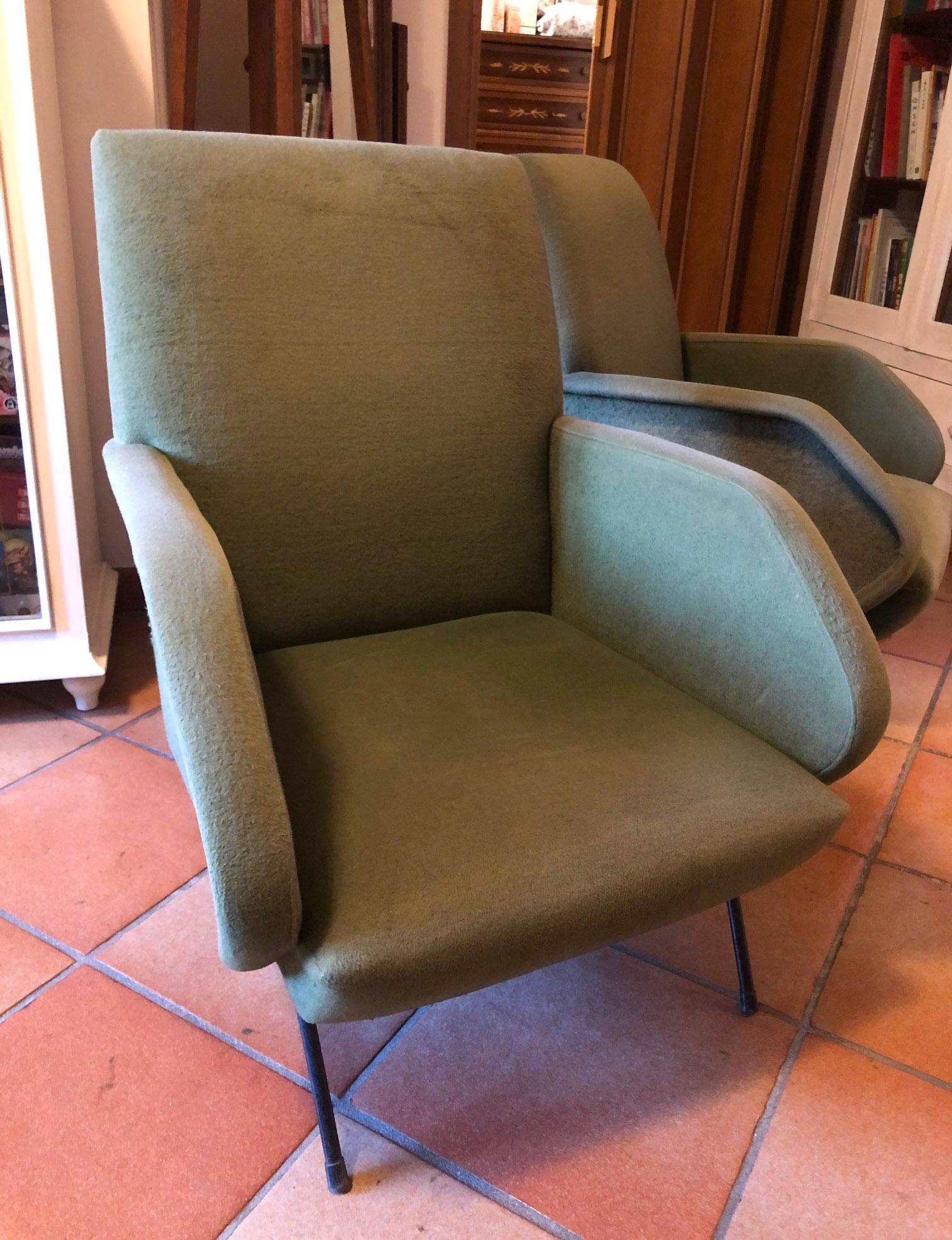 1960's Pair Original Italian Green Velvet Armchairs Vintage 1