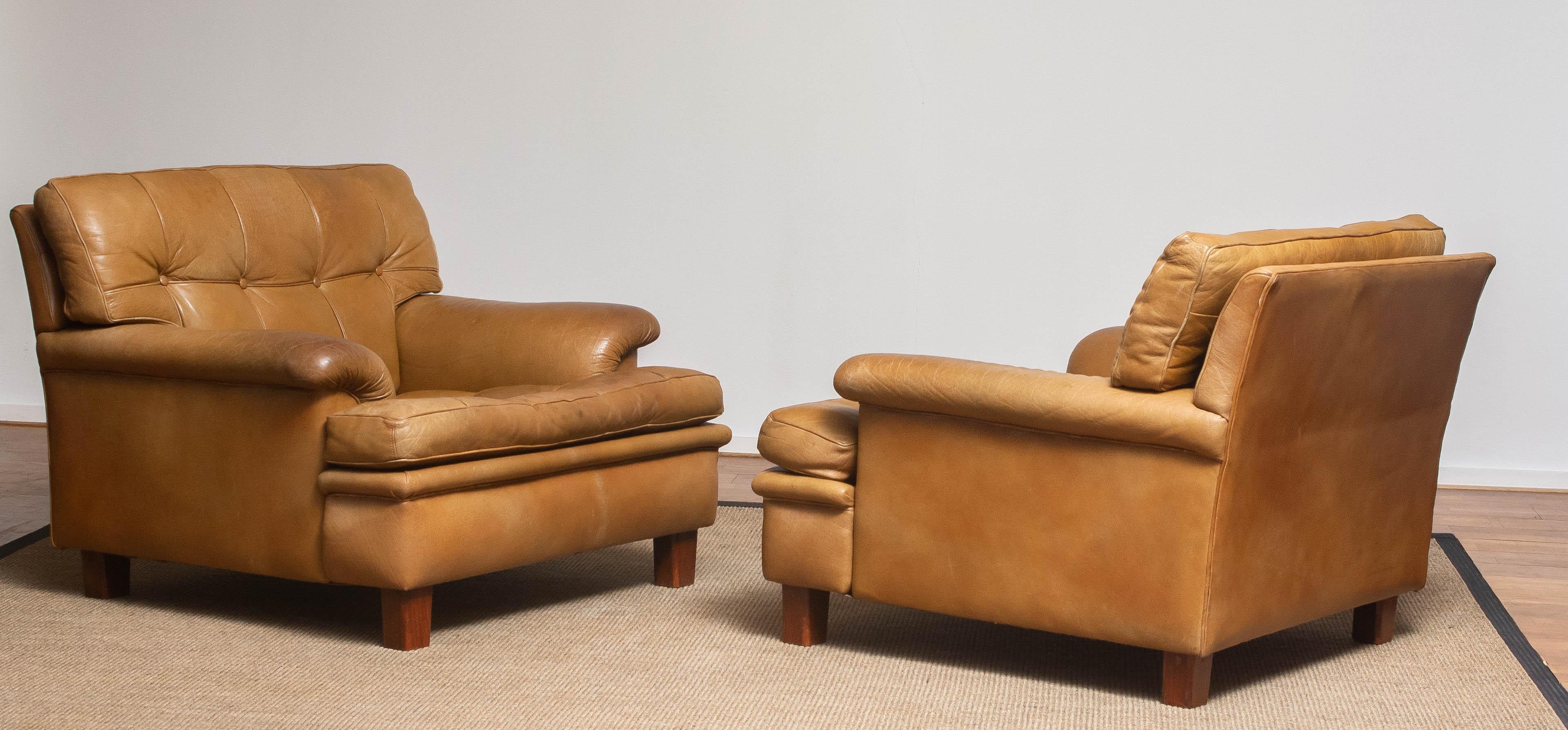 Mid-20th Century 1960s Pair Quilted Camel Buffalo Leather 
