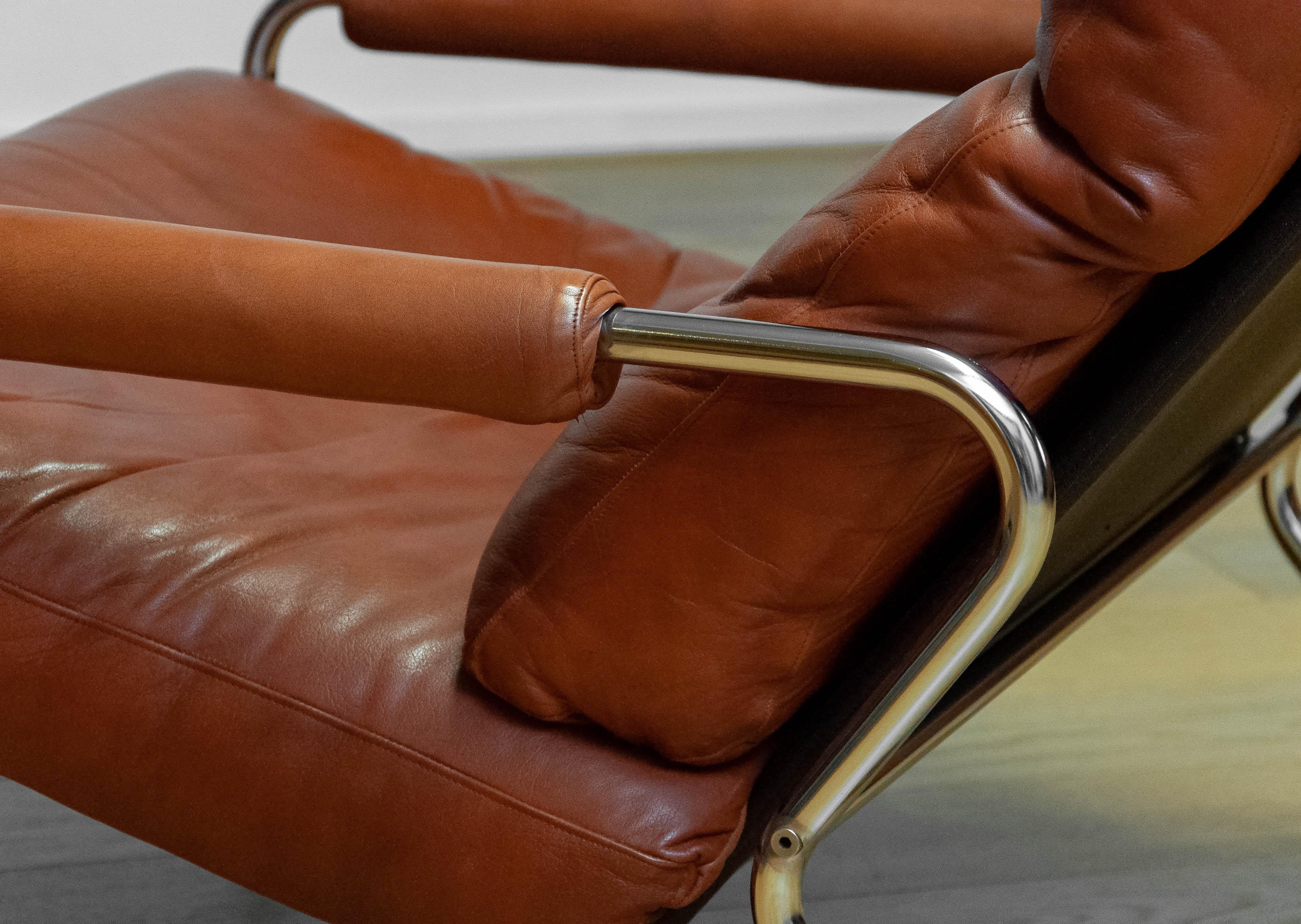 1960s Pair Scandinavian Modern Tubular Chrome And Brown Leather Lounge Chairs 6