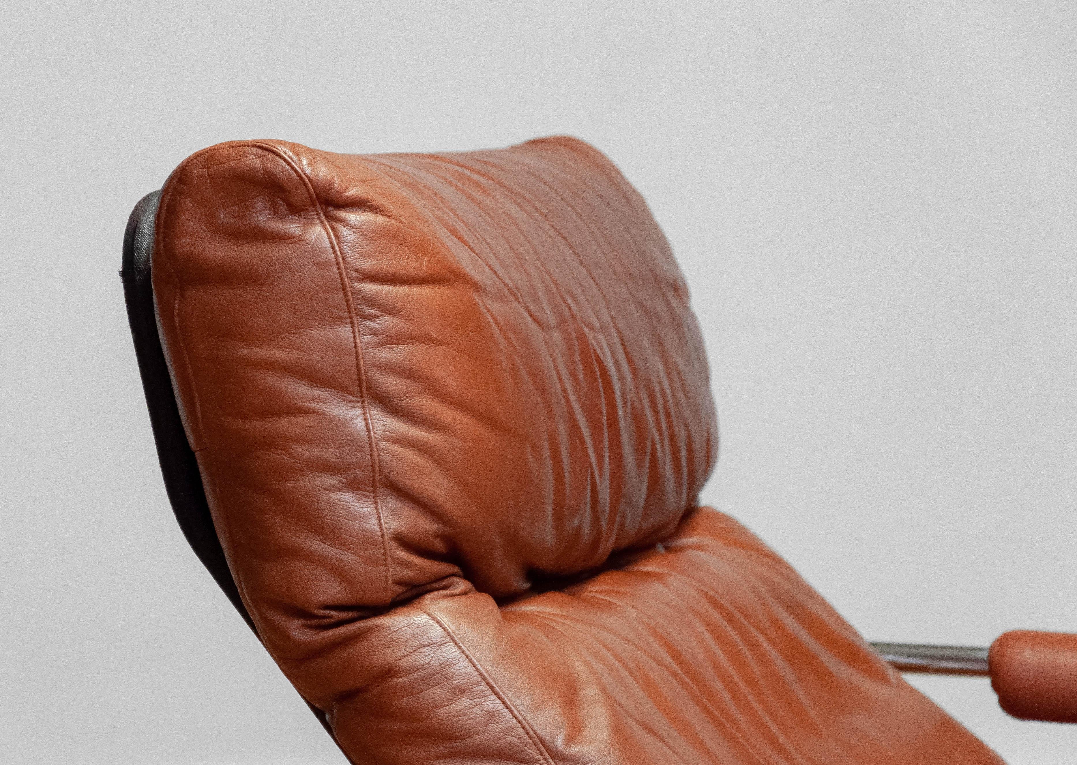 1960s Pair Scandinavian Modern Tubular Chrome And Brown Leather Lounge Chairs 11