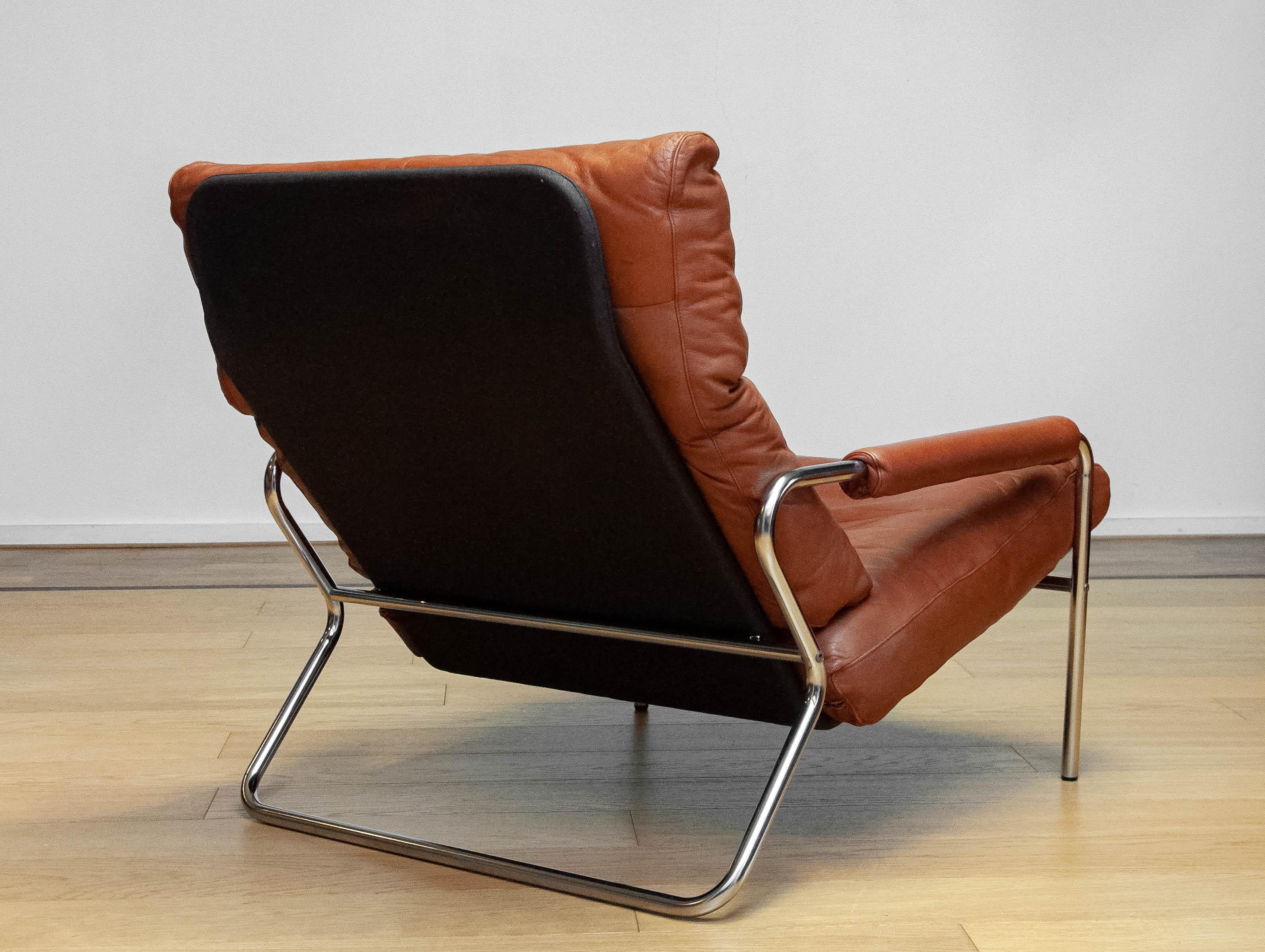 1960s Pair Scandinavian Modern Tubular Chrome And Brown Leather Lounge Chairs 13