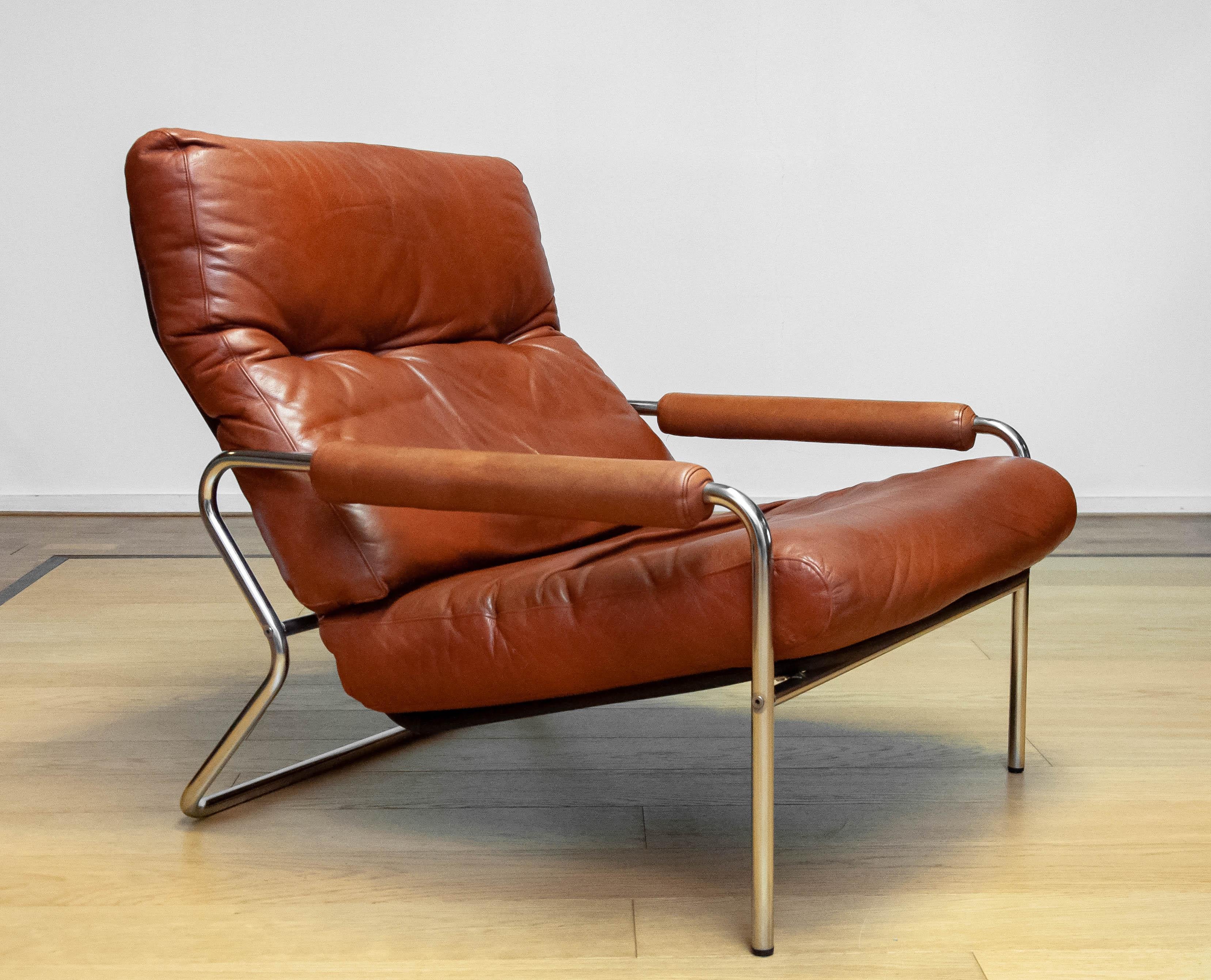 Metal 1960s Pair Scandinavian Modern Tubular Chrome And Brown Leather Lounge Chairs