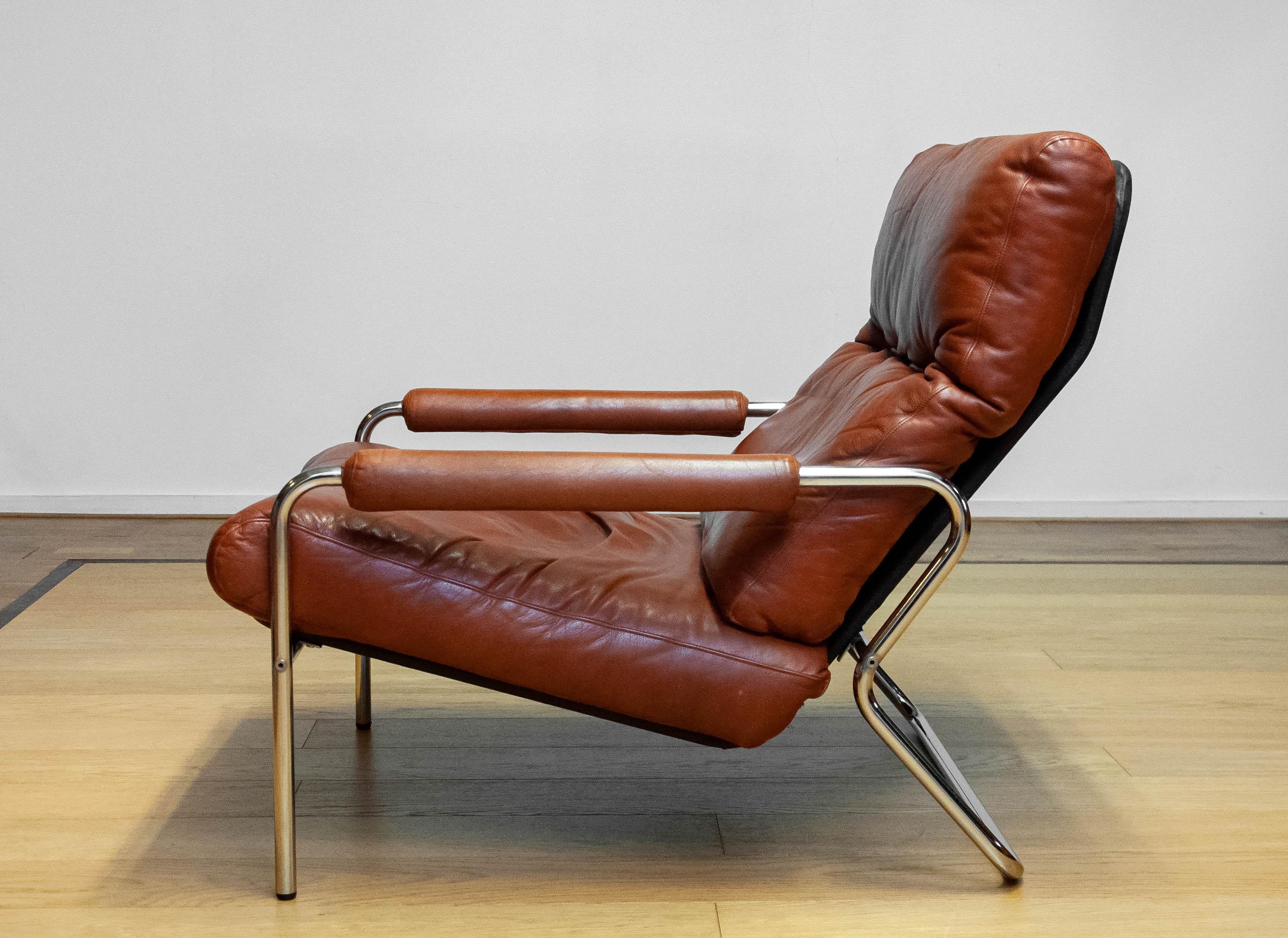1960s Pair Scandinavian Modern Tubular Chrome And Brown Leather Lounge Chairs 2