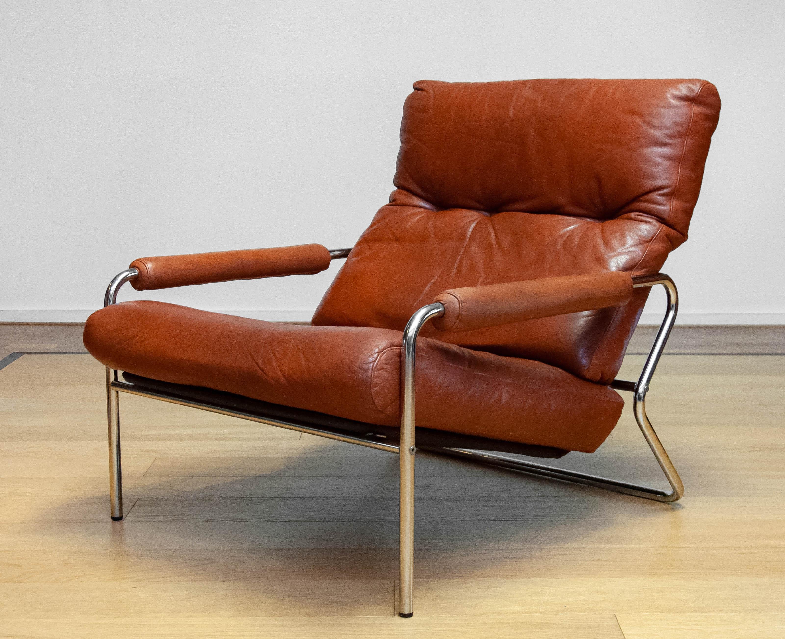 1960s Pair Scandinavian Modern Tubular Chrome And Brown Leather Lounge Chairs 3