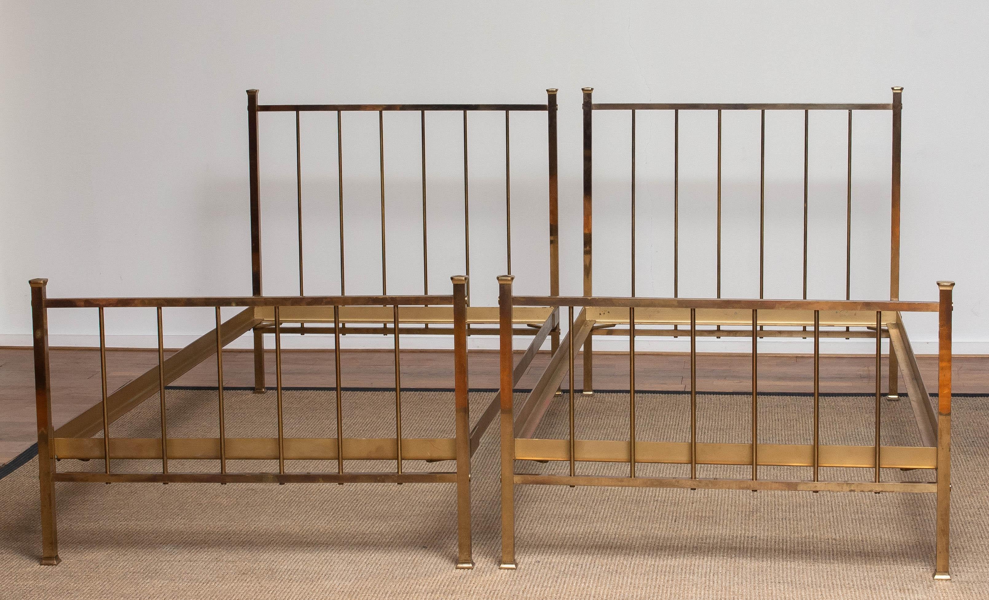 Brutalist 1960's Pair Slim French Brass Bed Frames with Foundation Supports