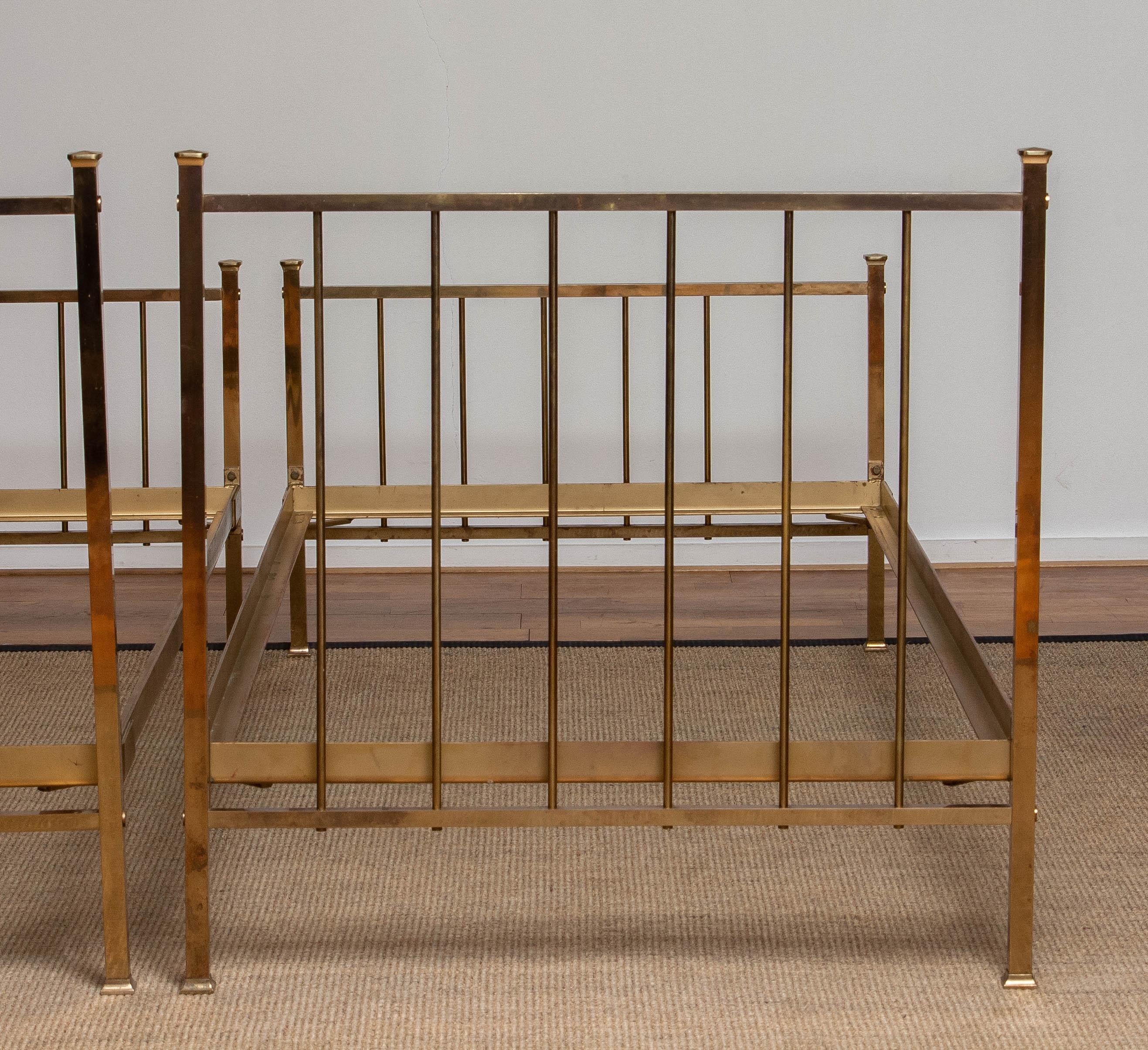 1960's Pair Slim French Brass Bed Frames with Foundation Supports 2