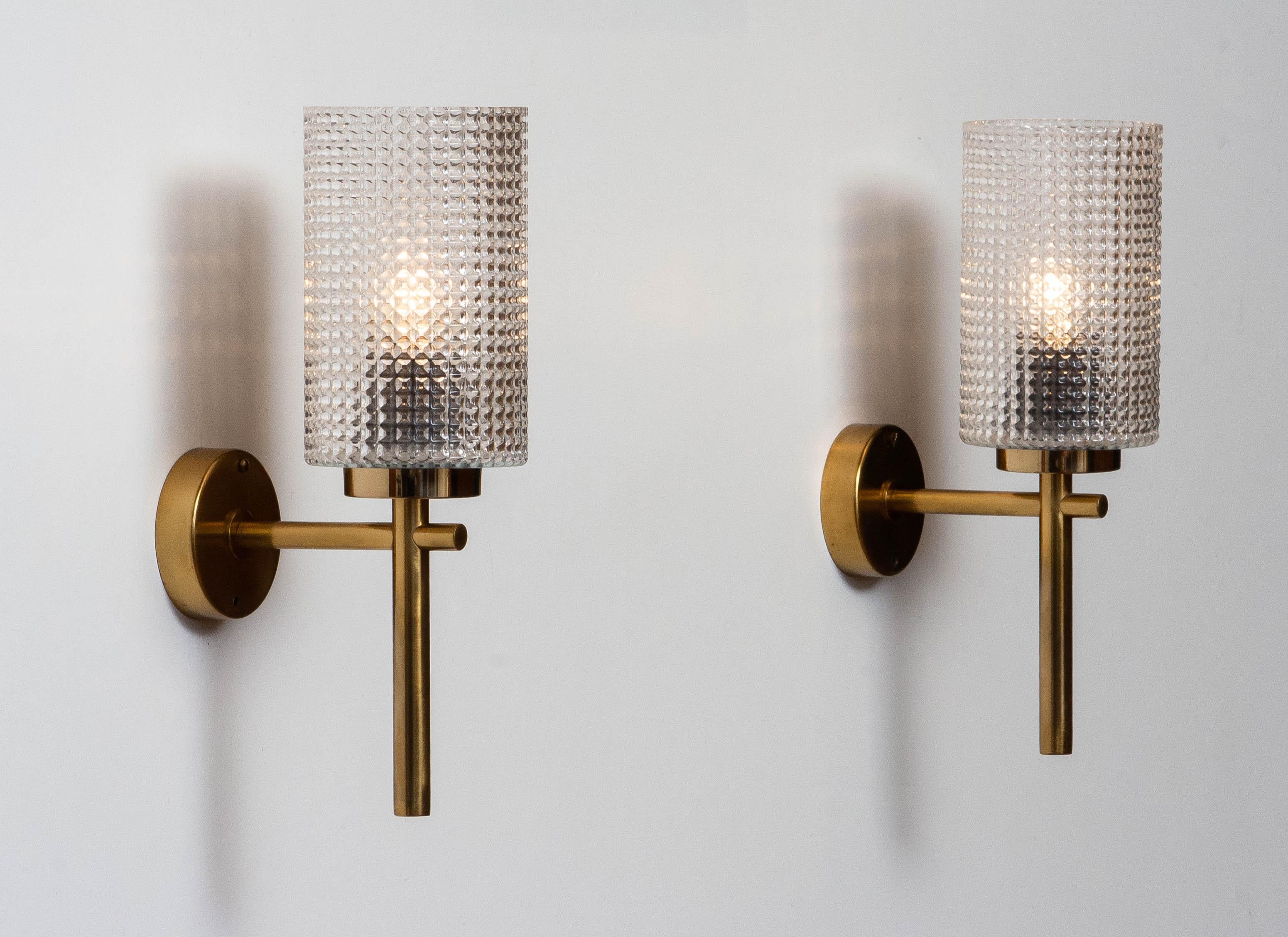 Mid-20th Century 1960s Pair Swedish Brass Wall Lights / Sconces by Carl Fagerlund for Orrefors