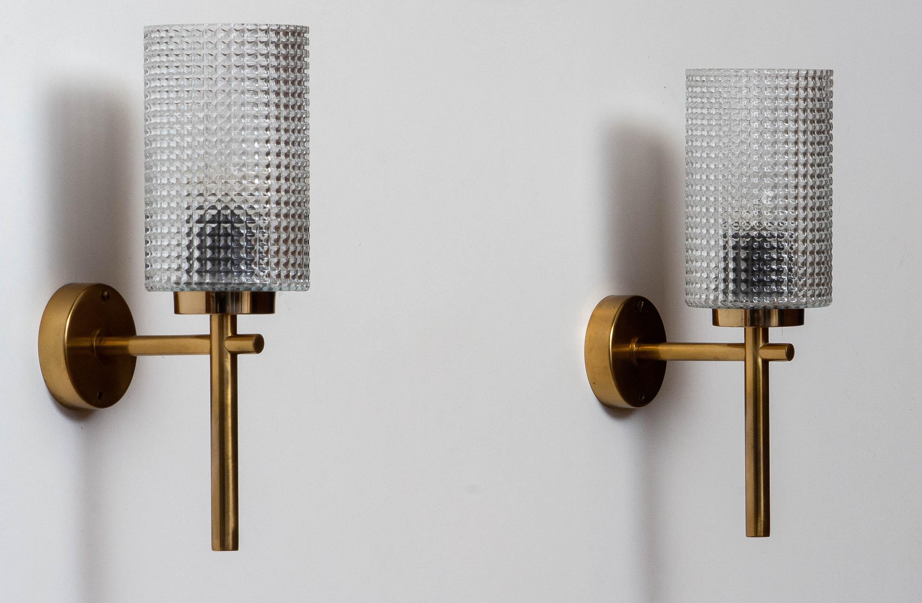 1960s Pair Swedish Brass Wall Lights / Sconces by Carl Fagerlund for Orrefors 1