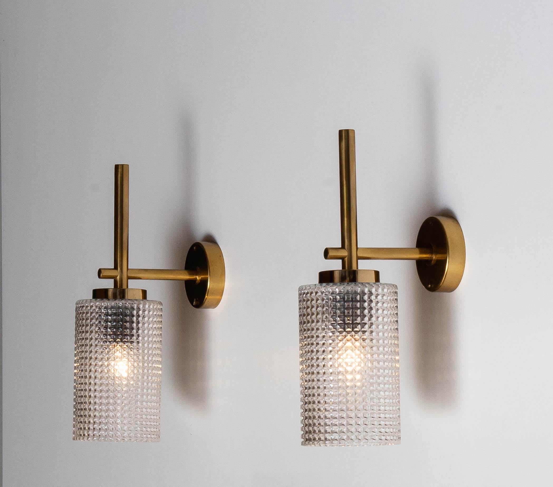1960s Pair Swedish Brass Wall Lights / Sconces by Carl Fagerlund for Orrefors 1