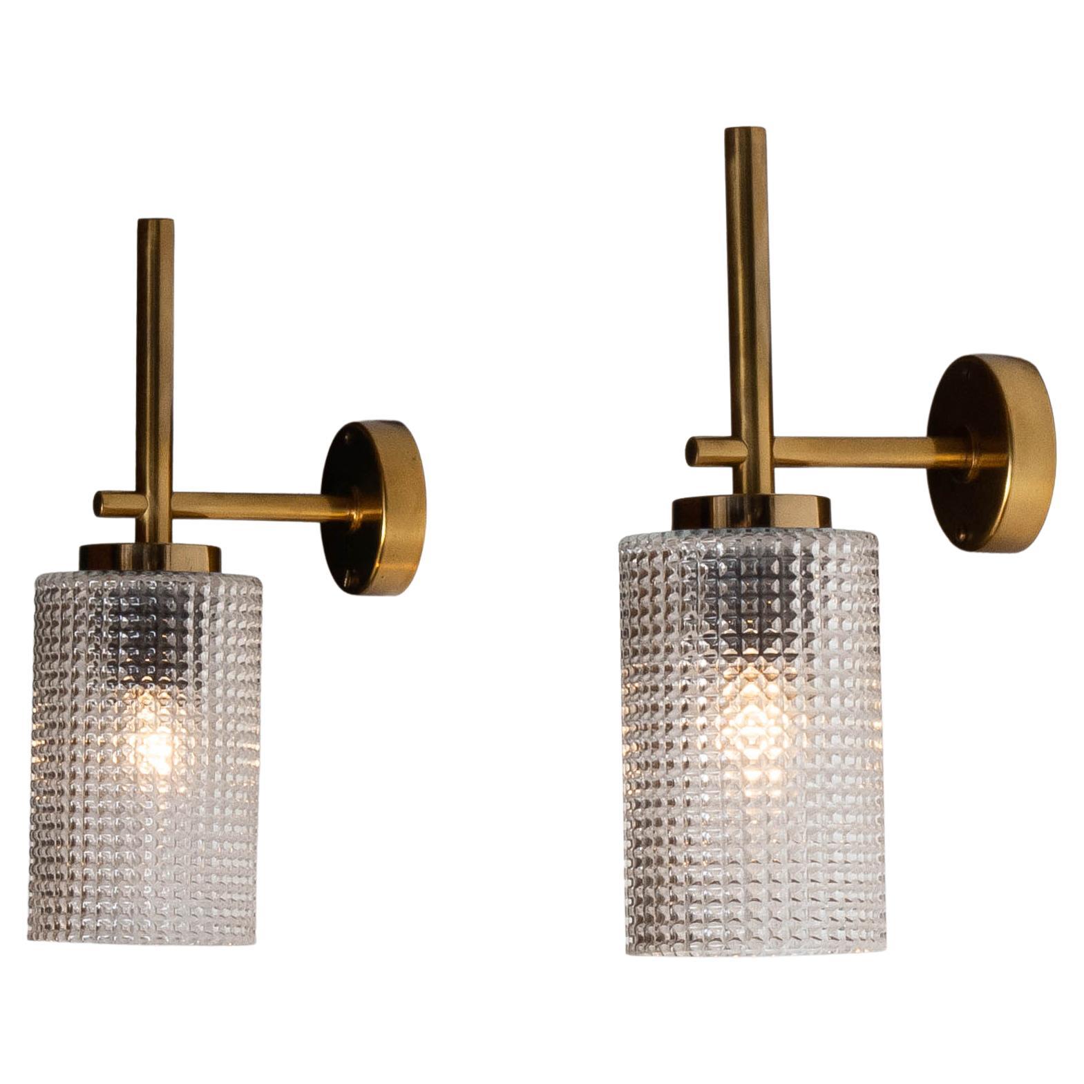1960s Pair Swedish Brass Wall Lights / Sconces by Carl Fagerlund for Orrefors