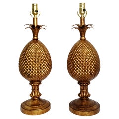 1960s Pair Vintage Metal Pineapple Table Lamps Antique Bronze Finish