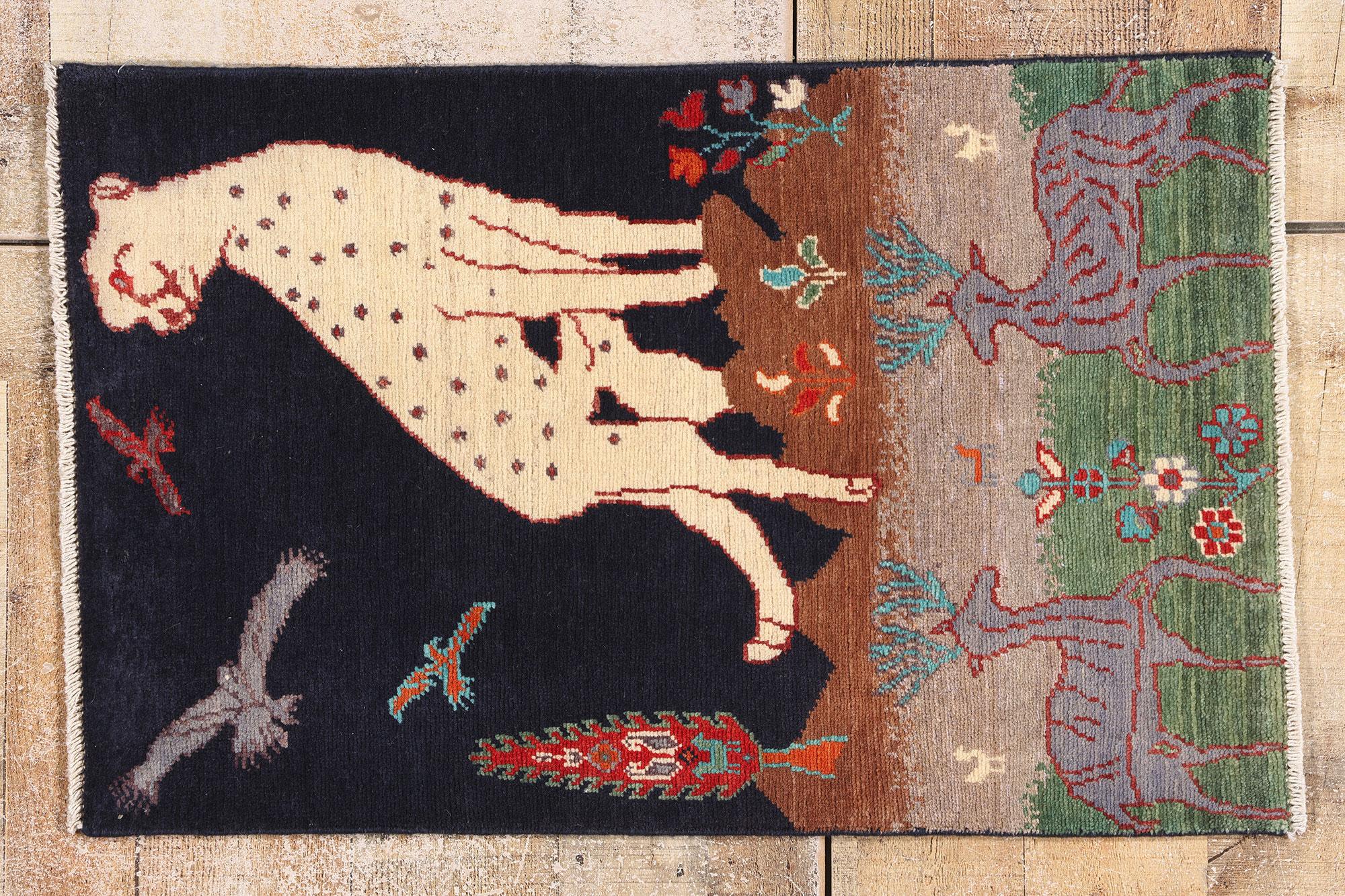 1960's Pakistani Kazak Pictorial Carpet with Hunting Scene and Modern Style For Sale 4