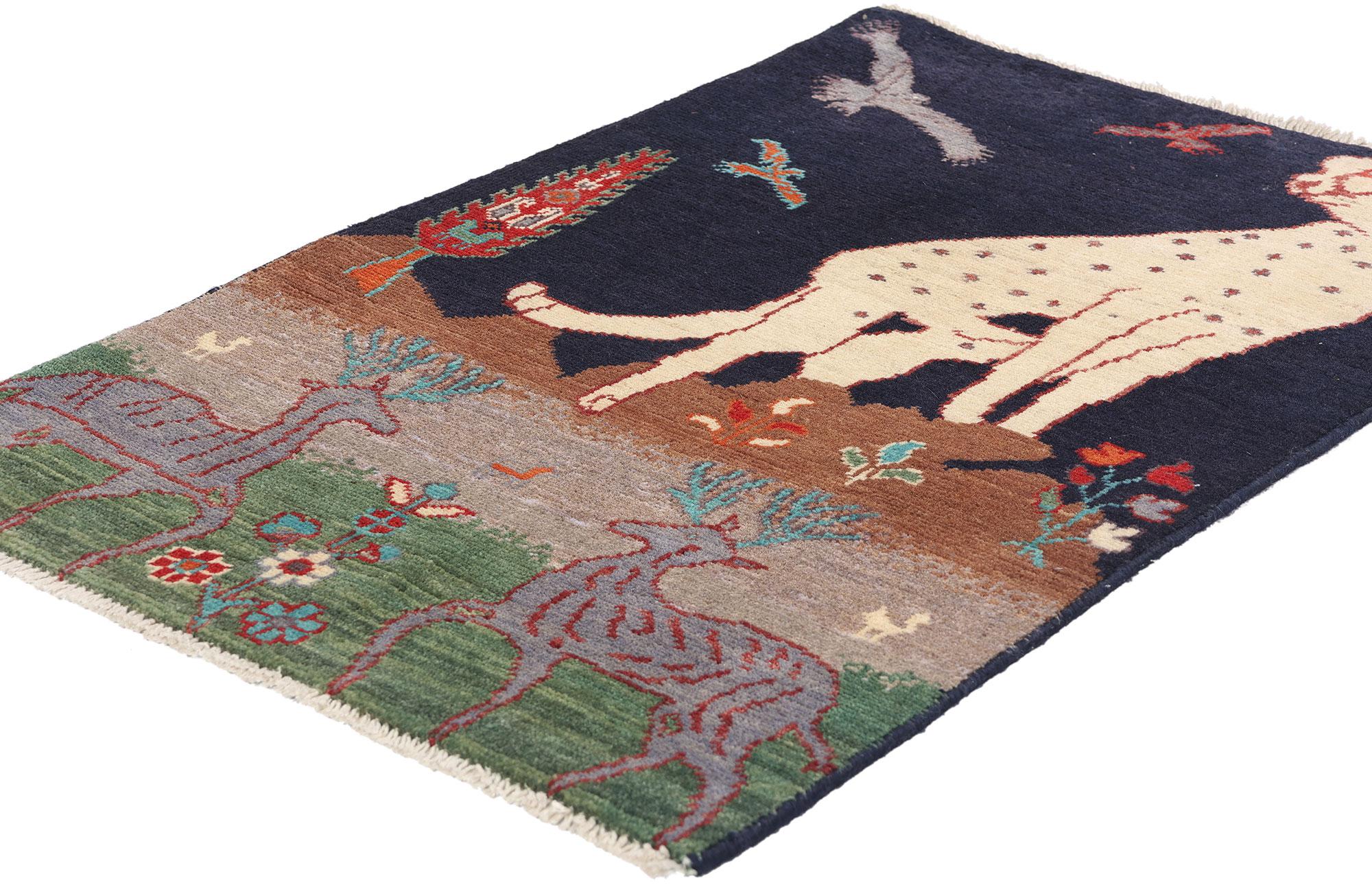 79176 Vintage Pakistani Kazak Pictorial Rug, 02'00 x 03'01. This hand-knotted wool vintage Pakistani Kazak pictorial rug weaves a tale of the wild, where the threads of nature, myth, and culture intertwine in a harmonious dance. A majestic, spotted