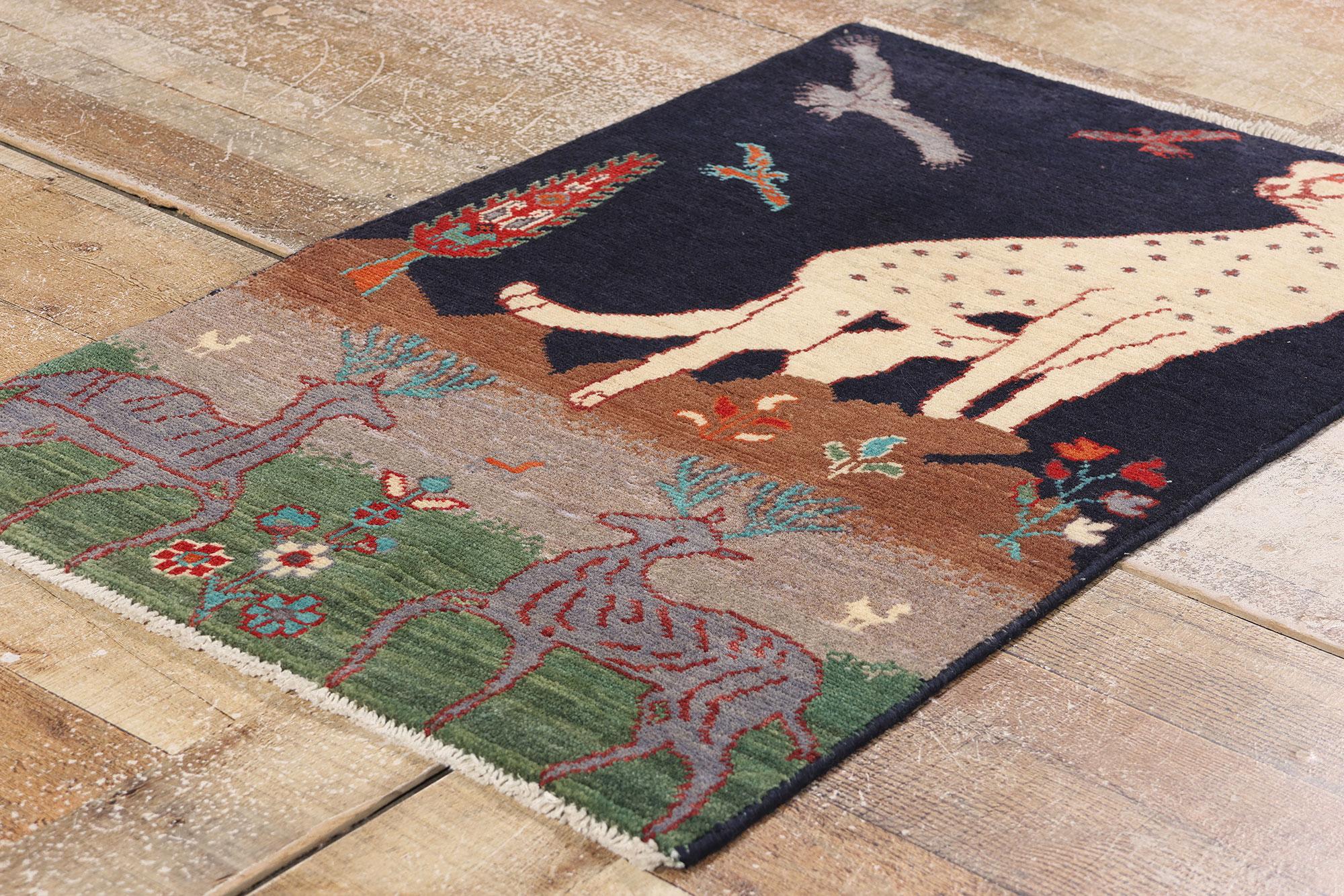 Hand-Knotted 1960's Pakistani Kazak Pictorial Carpet with Hunting Scene and Modern Style For Sale