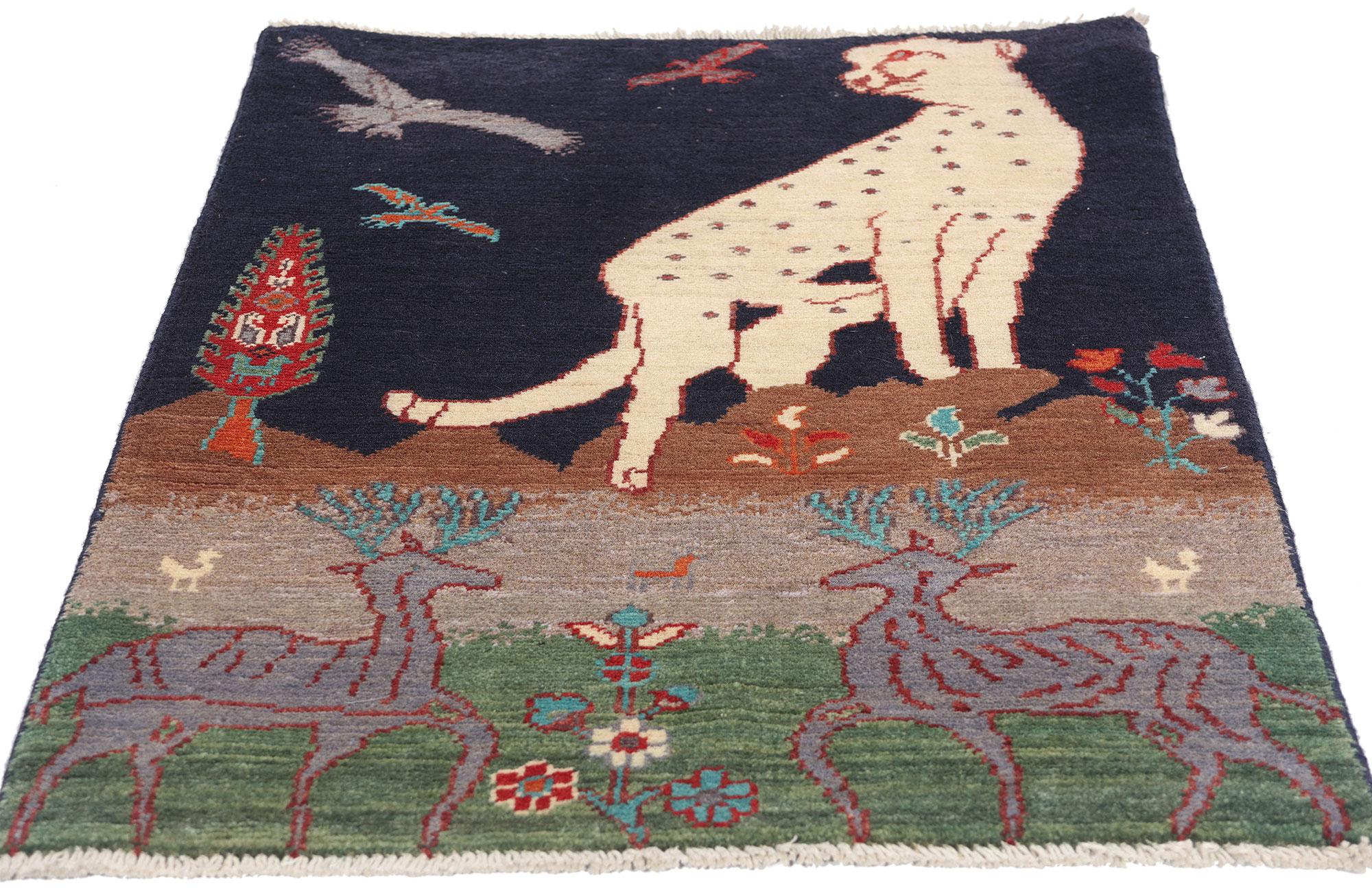 Wool 1960's Pakistani Kazak Pictorial Carpet with Hunting Scene and Modern Style For Sale