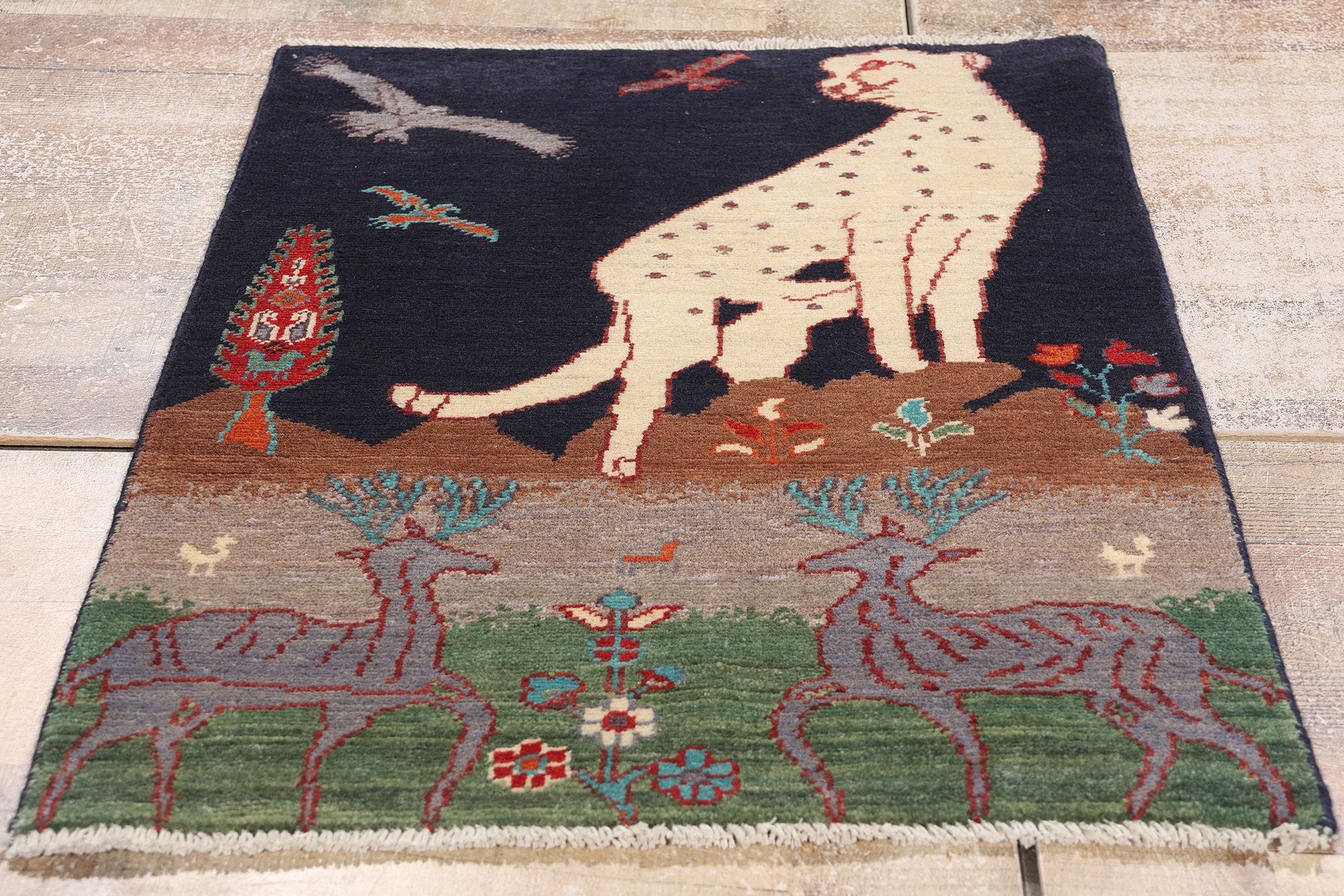 1960's Pakistani Kazak Pictorial Carpet with Hunting Scene and Modern Style For Sale 1