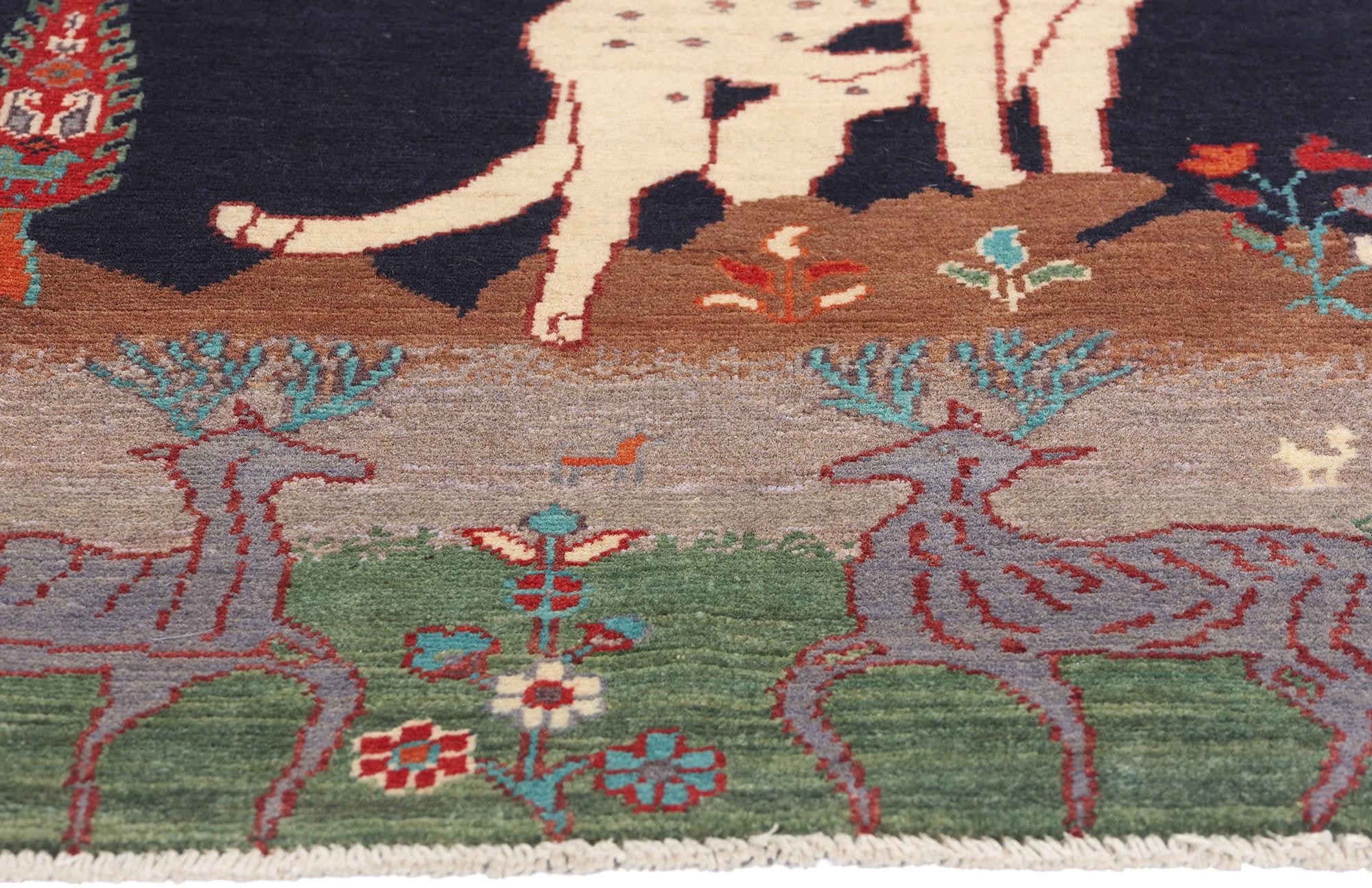 1960's Pakistani Kazak Pictorial Carpet with Hunting Scene and Modern Style For Sale 2