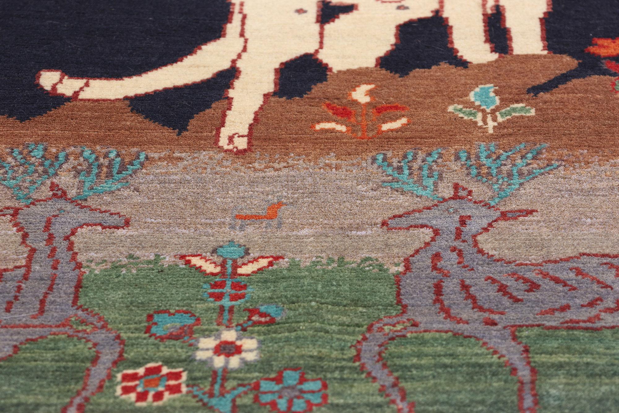 1960's Pakistani Kazak Pictorial Carpet with Hunting Scene and Modern Style For Sale 3