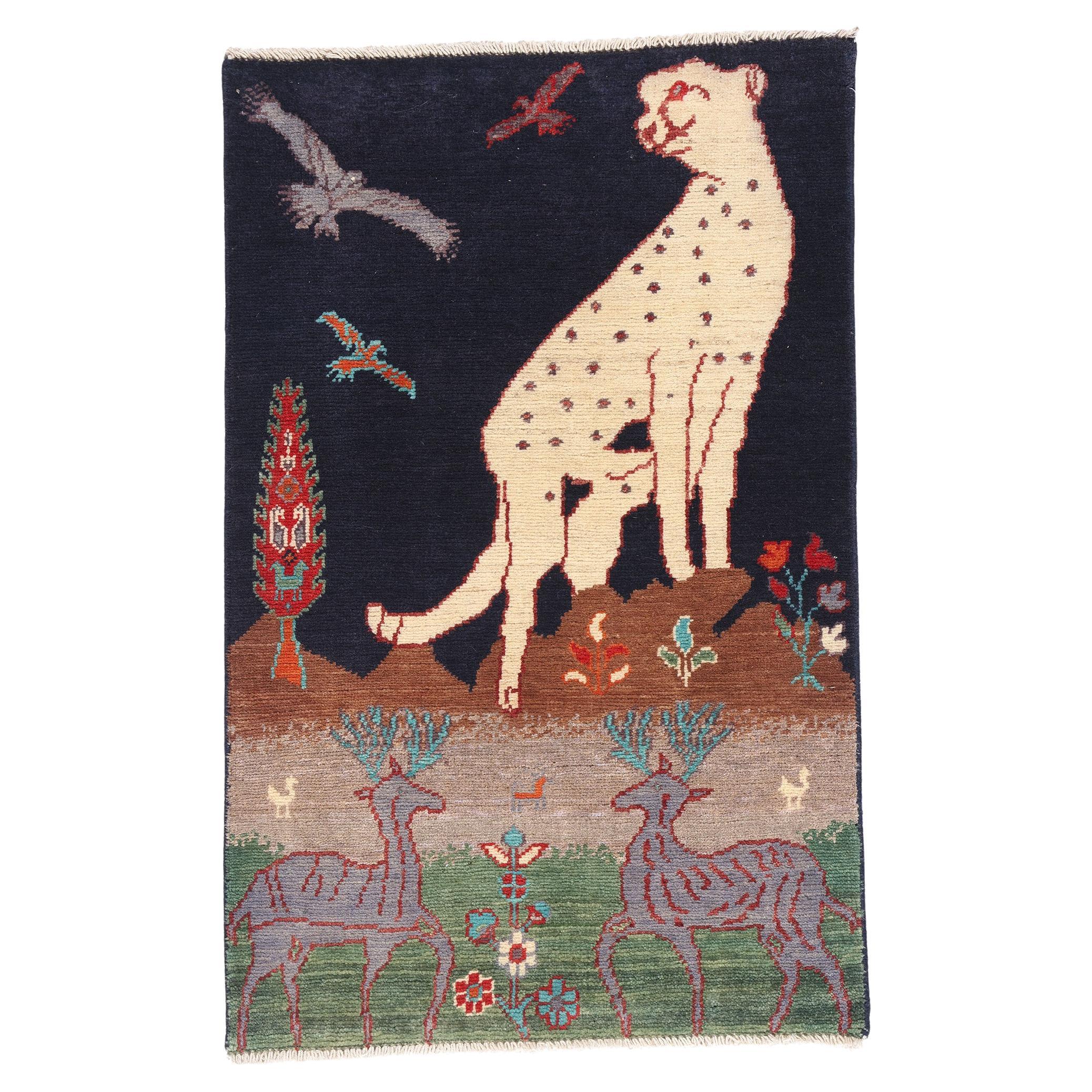 1960's Pakistani Kazak Pictorial Carpet with Hunting Scene and Modern Style For Sale