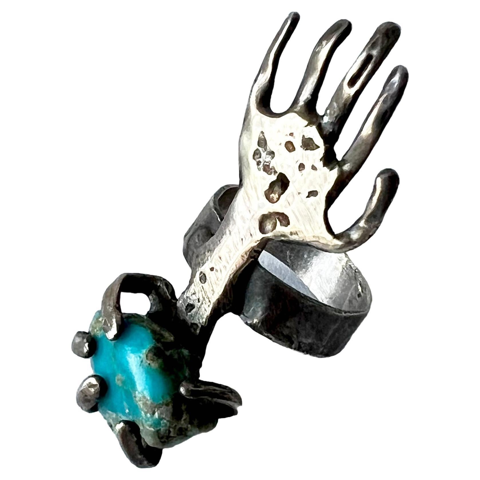1960's surrealist silver hand ring with turquoise created by Pal Kepenyes of Acapulco, Mexico. Ring is a finger size 5 and could be resized by a competent jeweler if need be. In very good vintage 1960's condition. Unsigned.  