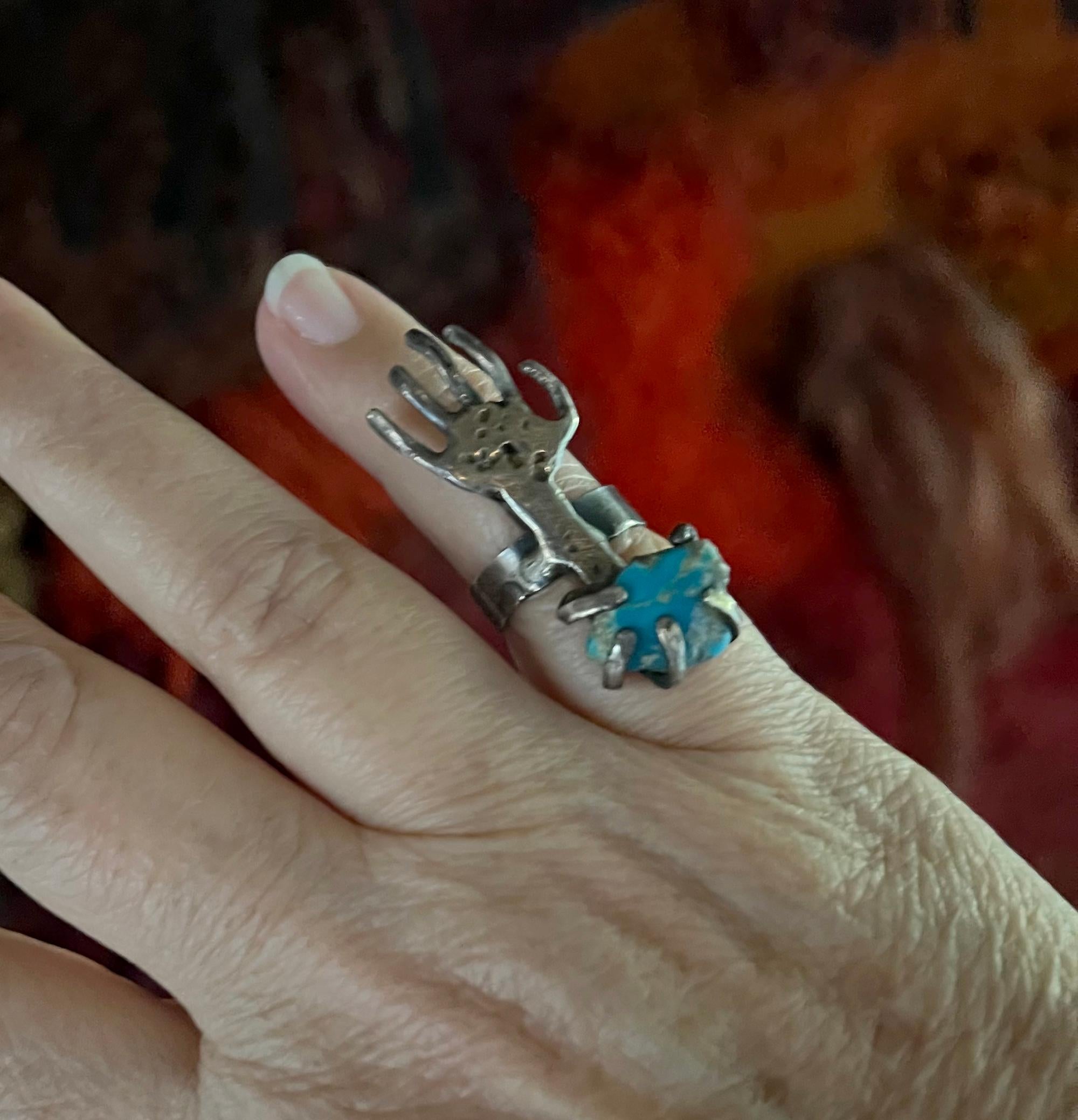1960s Pal Kepenyes Mexican Surrealist Silver Turquoise Arm With Hand Ring  In Good Condition For Sale In Palm Springs, CA