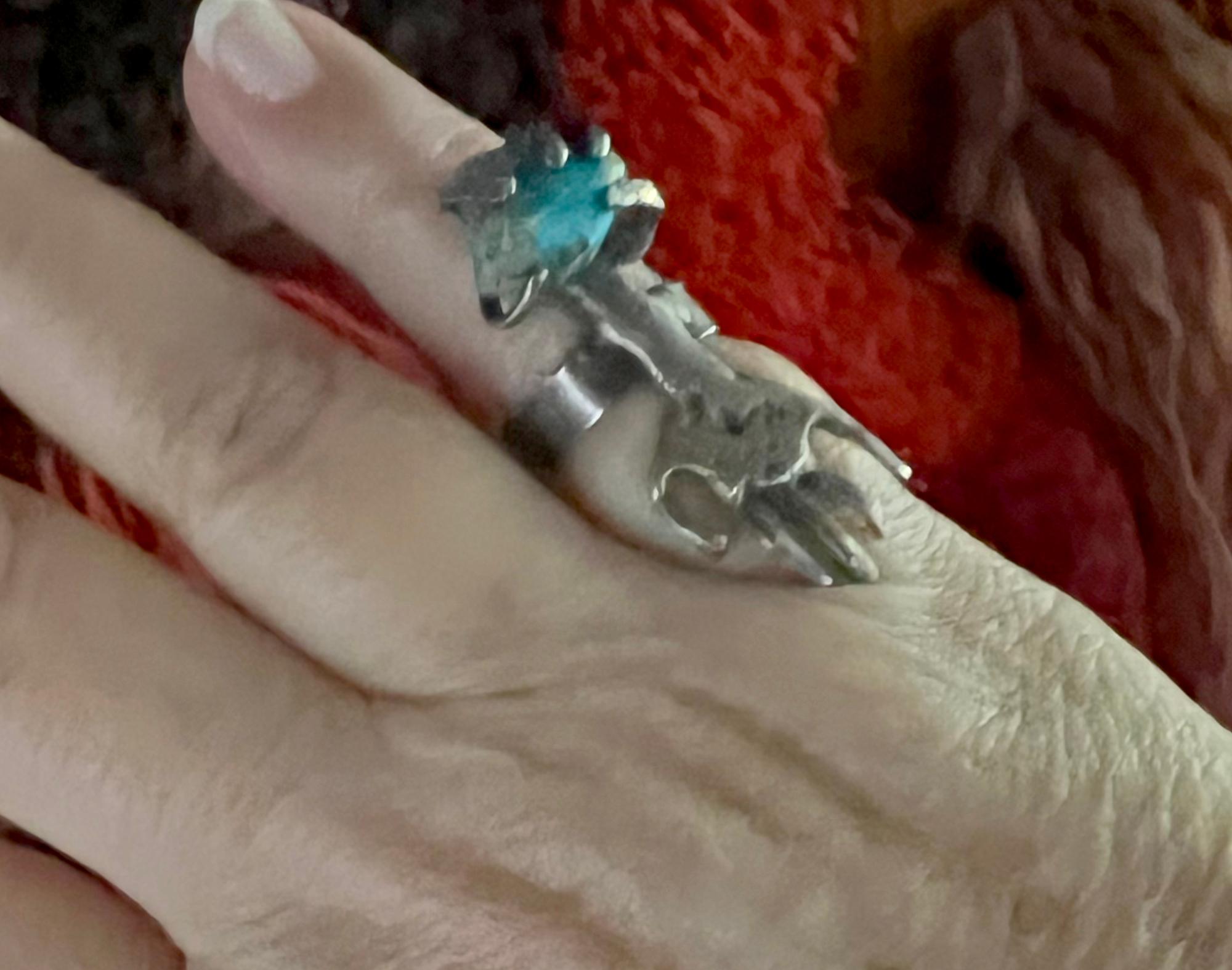 Women's or Men's 1960s Pal Kepenyes Mexican Surrealist Silver Turquoise Arm With Hand Ring  For Sale