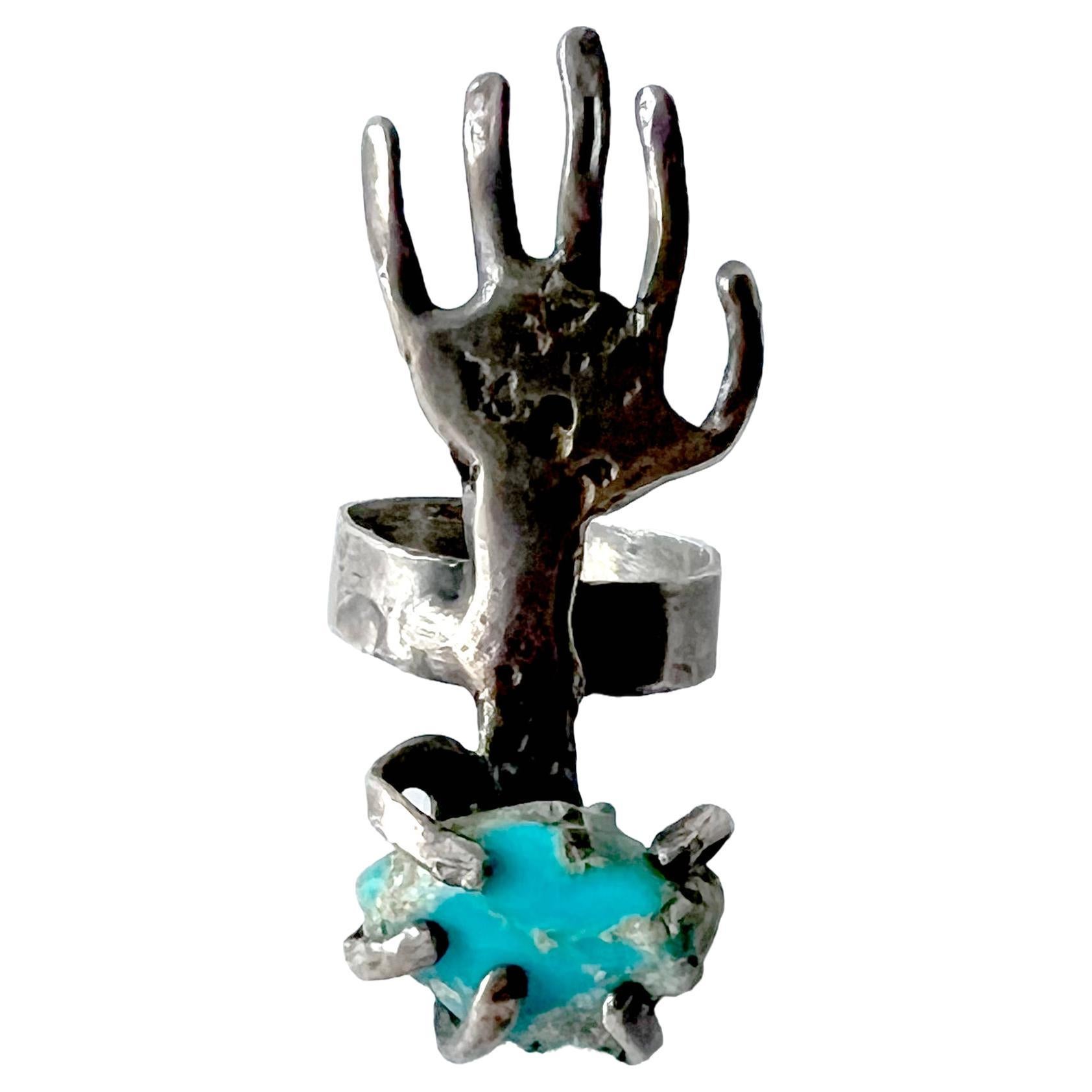 1960s Pal Kepenyes Mexican Surrealist Silver Turquoise Arm With Hand Ring  For Sale