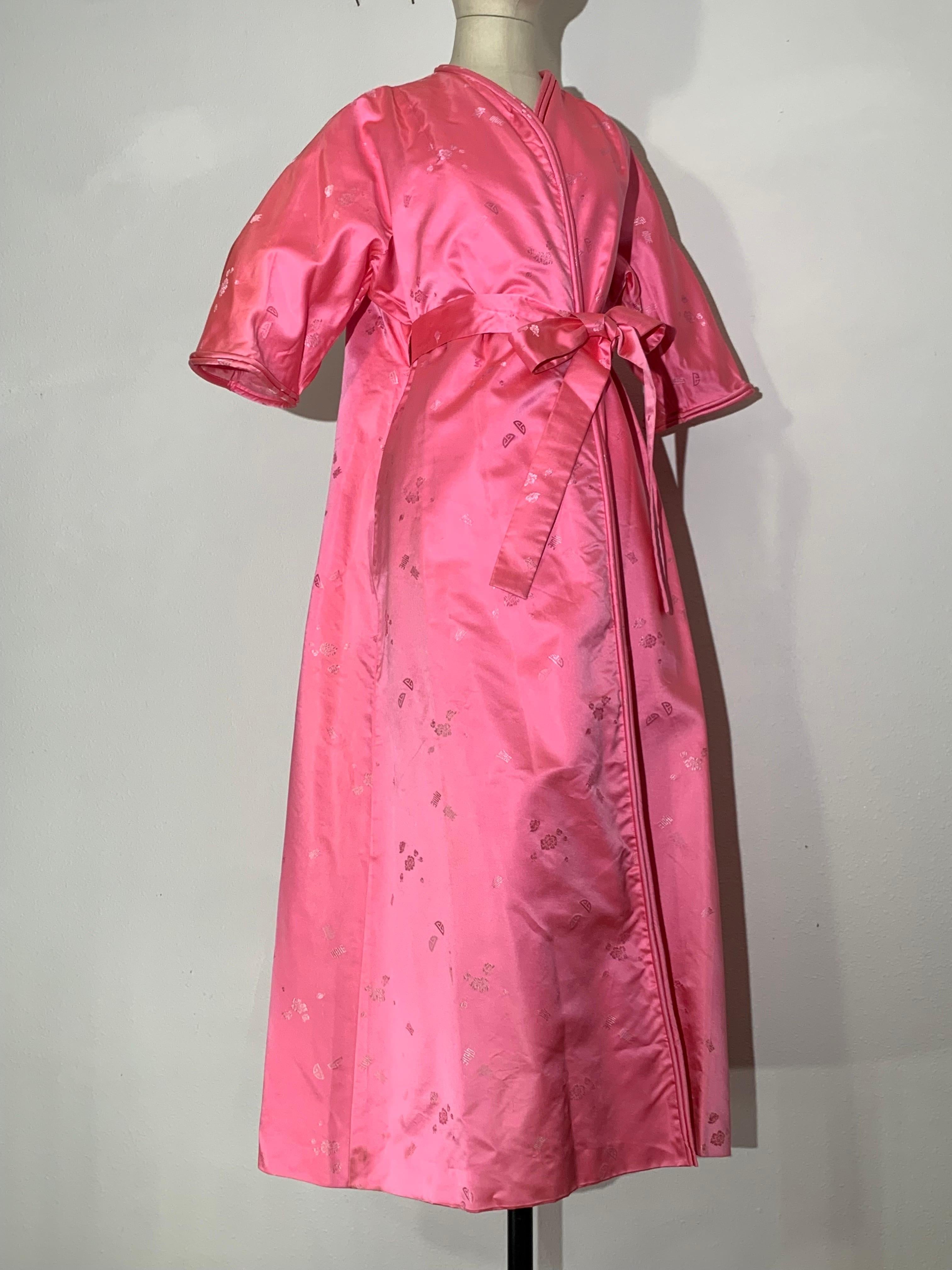 1960s Pale Candy Pink Mod Silk Satin Wrap-Style Dressing Gown w Half-Belt:  Hong-Kong tailored with traditional damask in a Mod babydoll style with front half-belt, full swing back and padded, piped edges. Lined in matching pink silk. Side slit