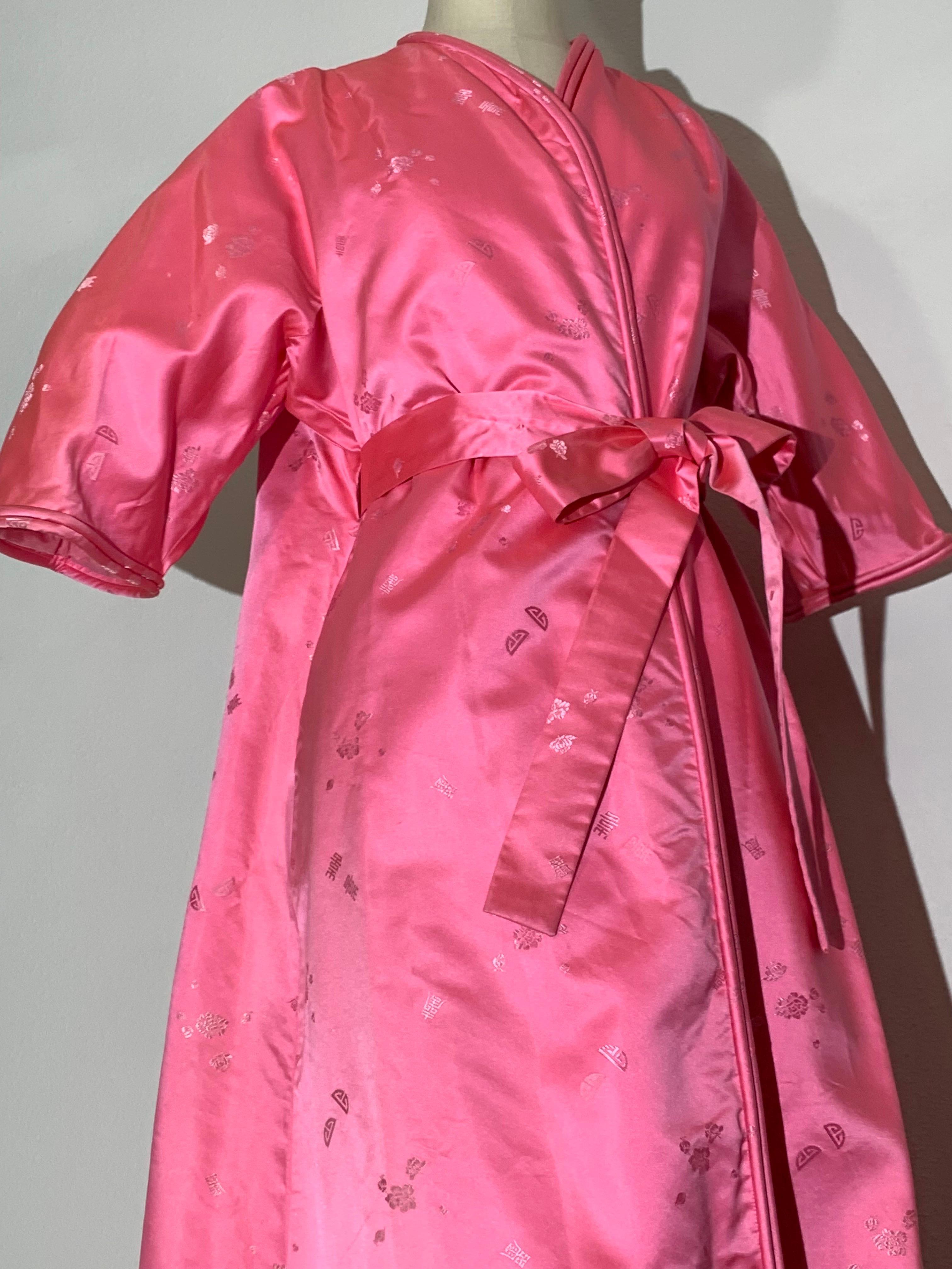 1960s Pale Candy Pink Mod Silk Satin Wrap-Style Dressing Gown w Half-Belt In Excellent Condition For Sale In Gresham, OR
