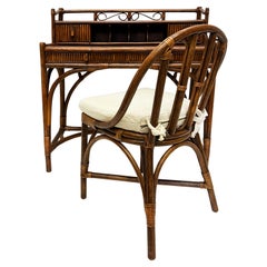 1960s Palm Beach Regency, Coastal Rattan Desk, Chair Set