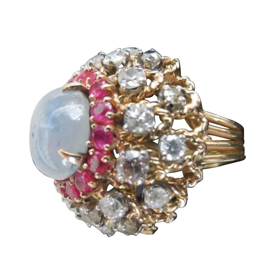 1960s Palm Springs Fashion Cocktail Ring with Diamonds, Rubies and Star Saphire