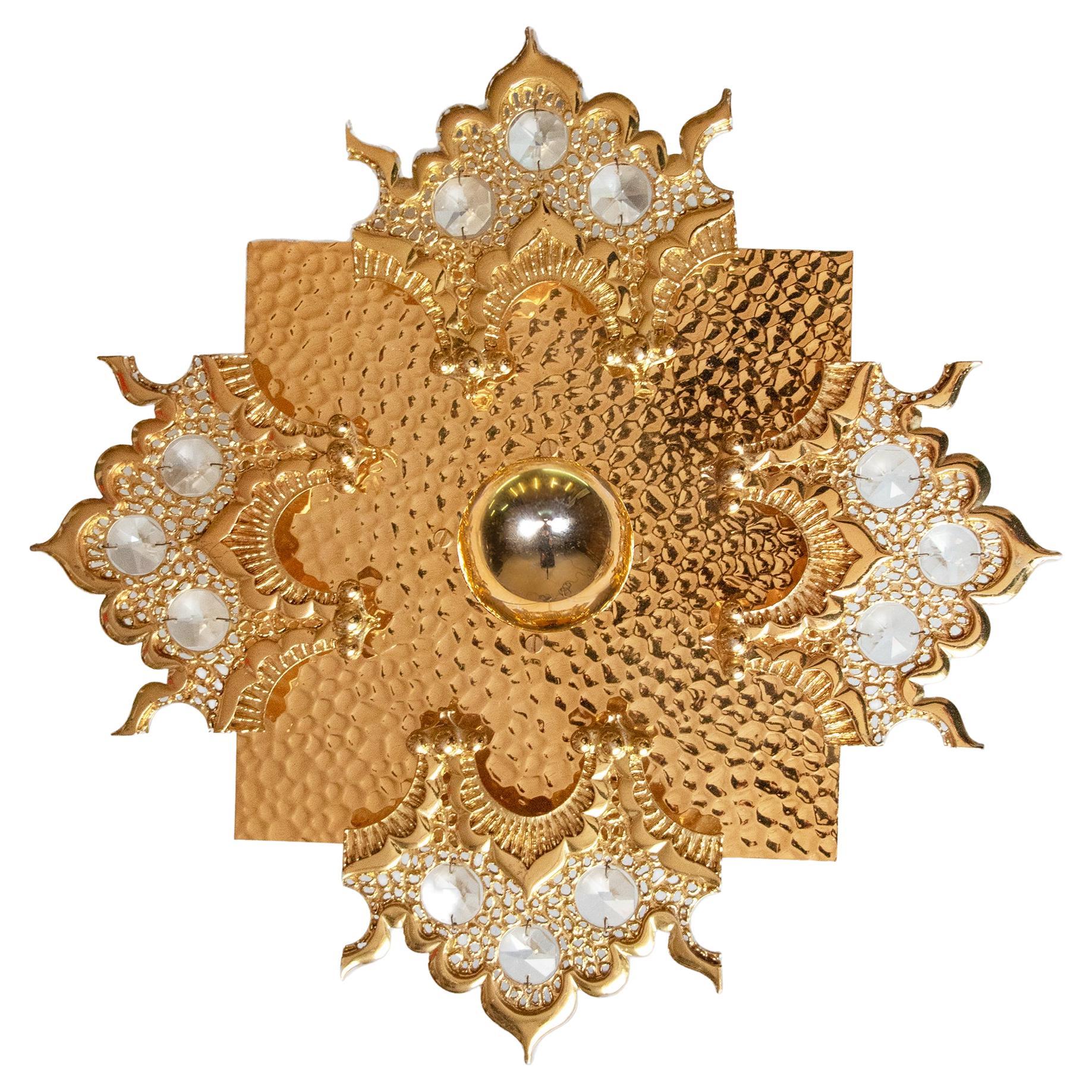 Aplique de pared cuadrado sencillo Palwa Alemania de los años 60 Cristal y latón dorado en venta