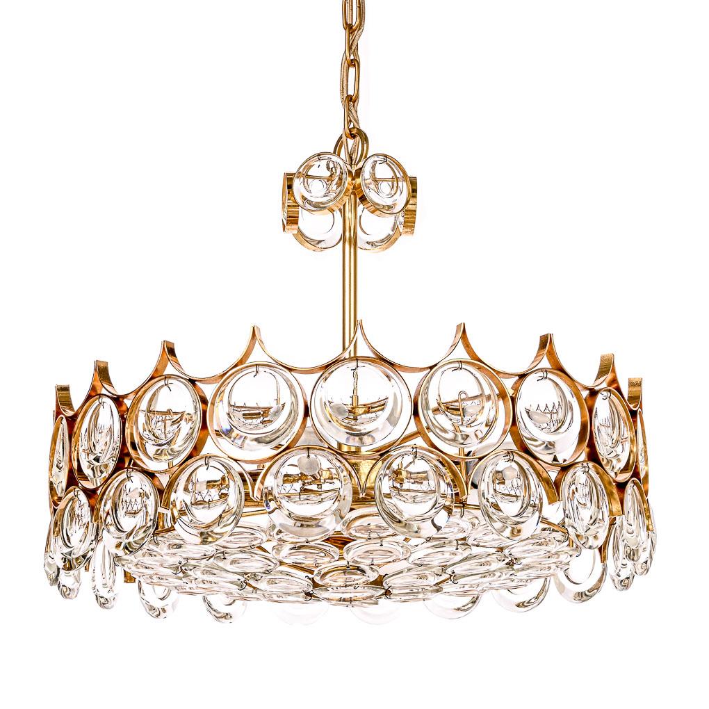 Mid-Century Modern 1960s Palwa Six-Light Crystal Cut-Glass and Gilt Brass Chandelier For Sale