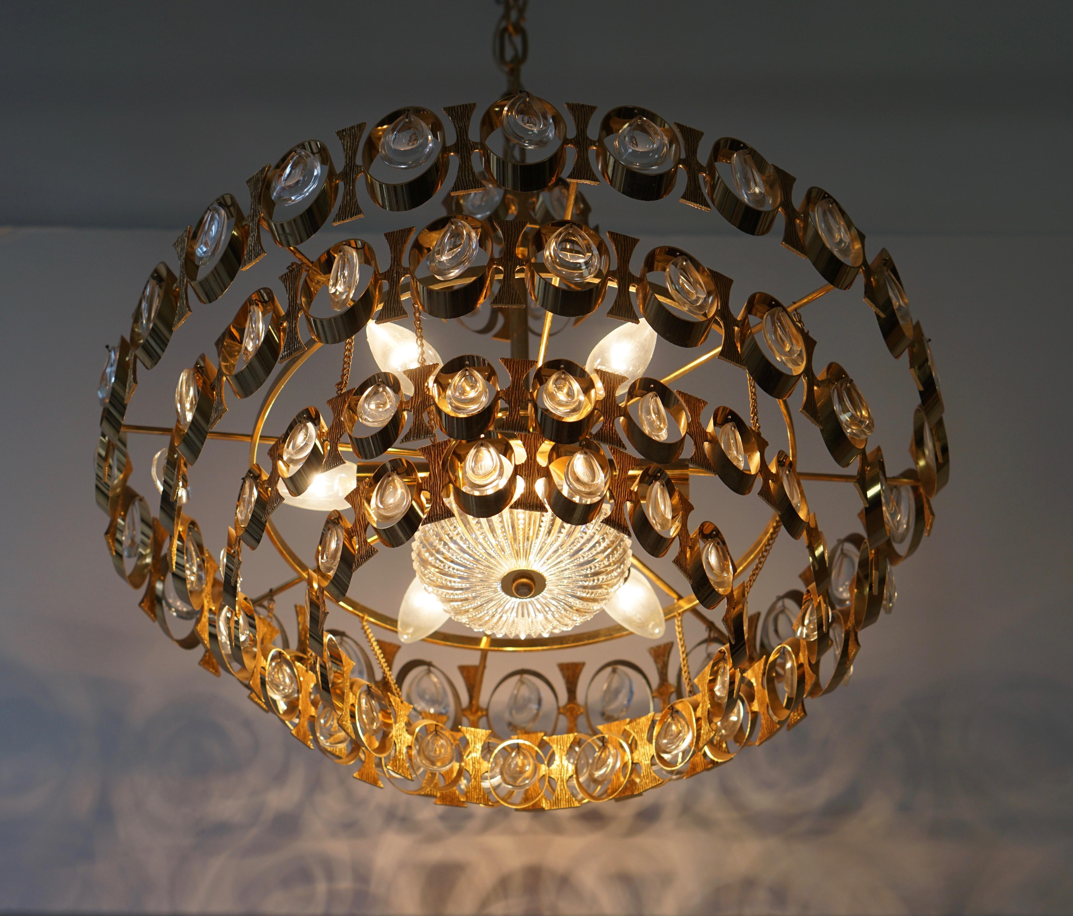 1960s Palwa Six-Light Crystal Glass and Gilt Brass Chandelier by Palwa For Sale 3