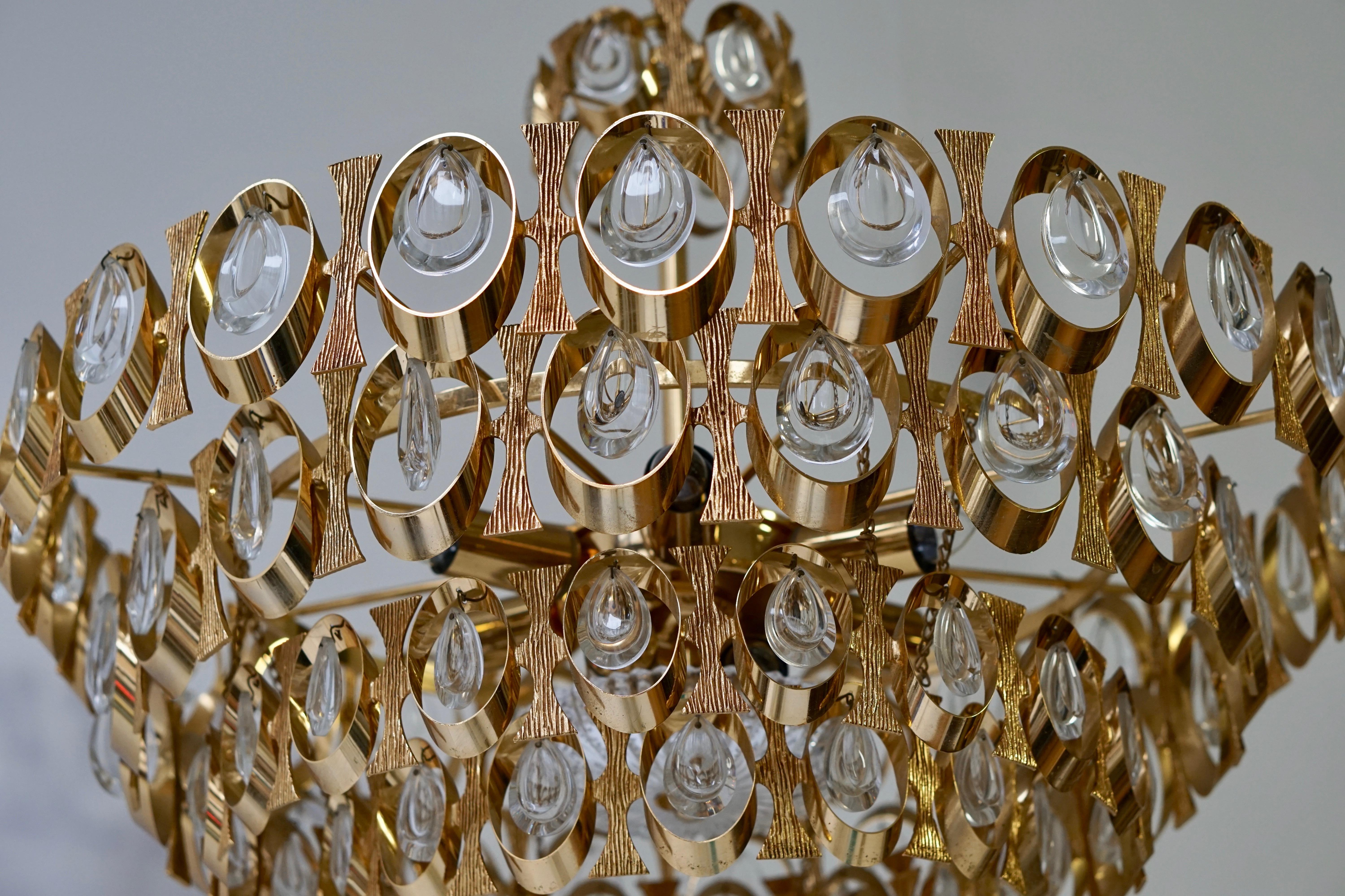 Lustre Palwa à six lumières en verre de cristal et laiton doré des années 1960 par Palwa en vente 6