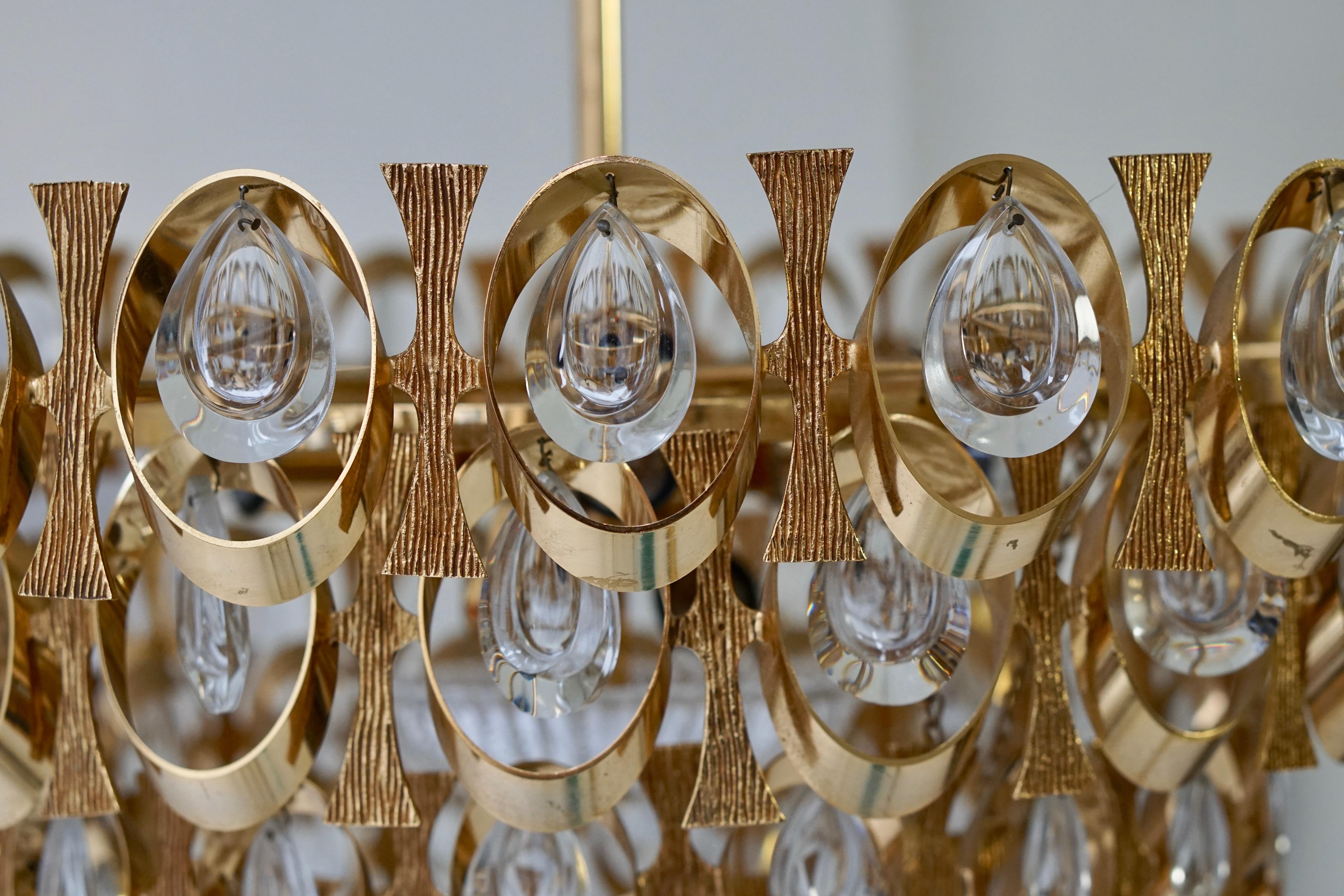 Lustre Palwa à six lumières en verre de cristal et laiton doré des années 1960 par Palwa en vente 7
