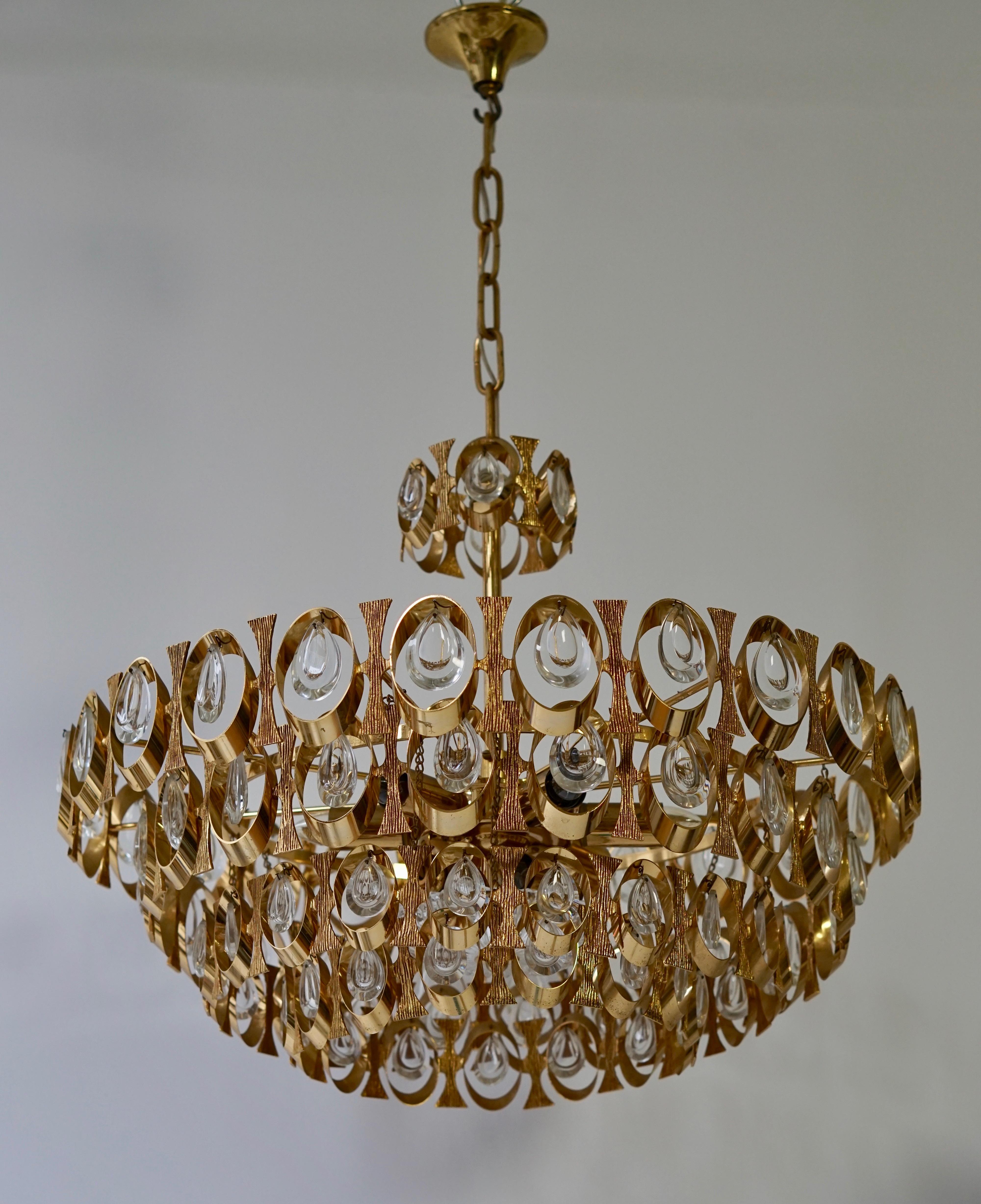 20ième siècle Lustre Palwa à six lumières en verre de cristal et laiton doré des années 1960 par Palwa en vente