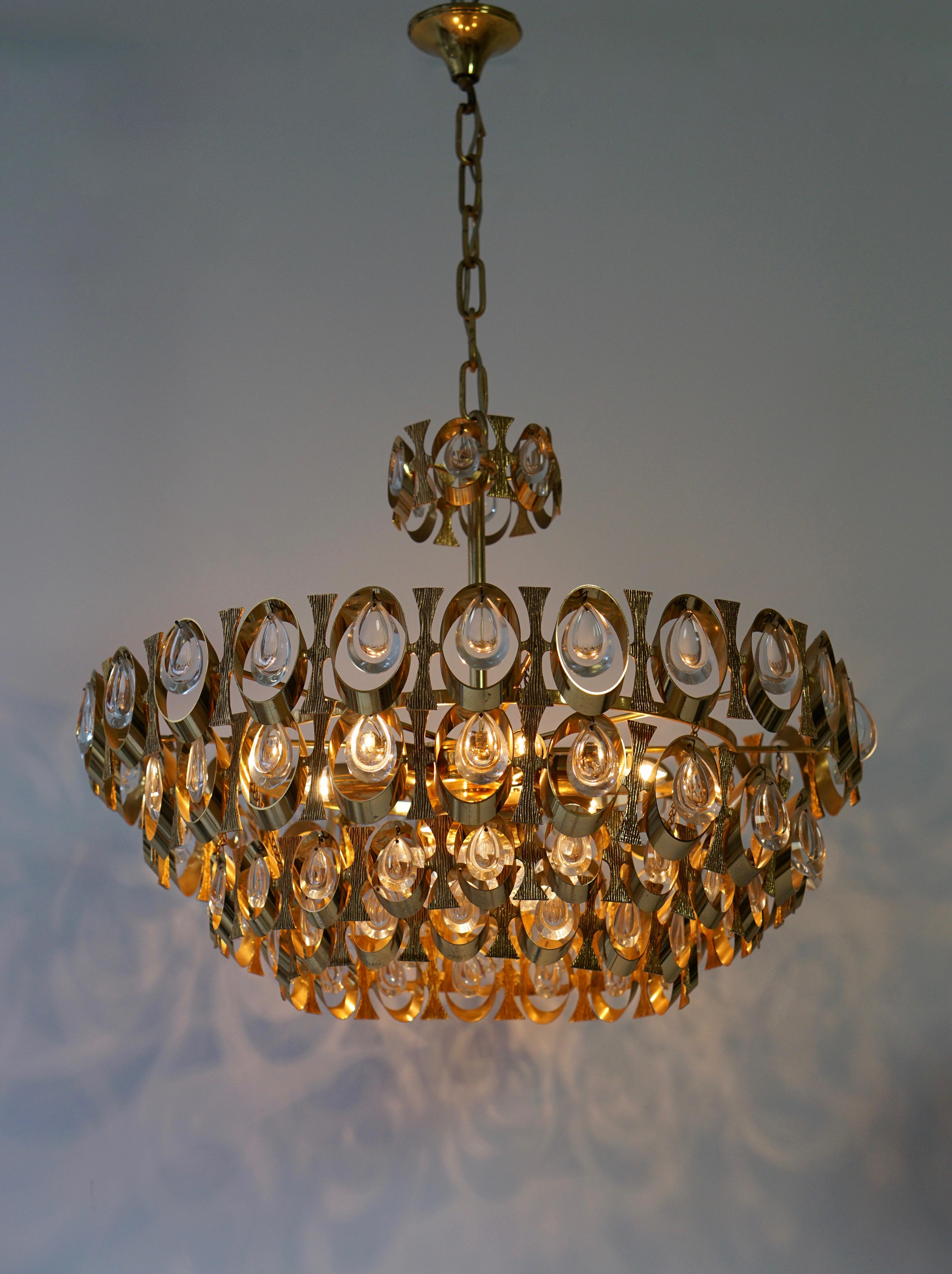 20th Century 1960s Palwa Six-Light Crystal Glass and Gilt Brass Chandelier by Palwa For Sale
