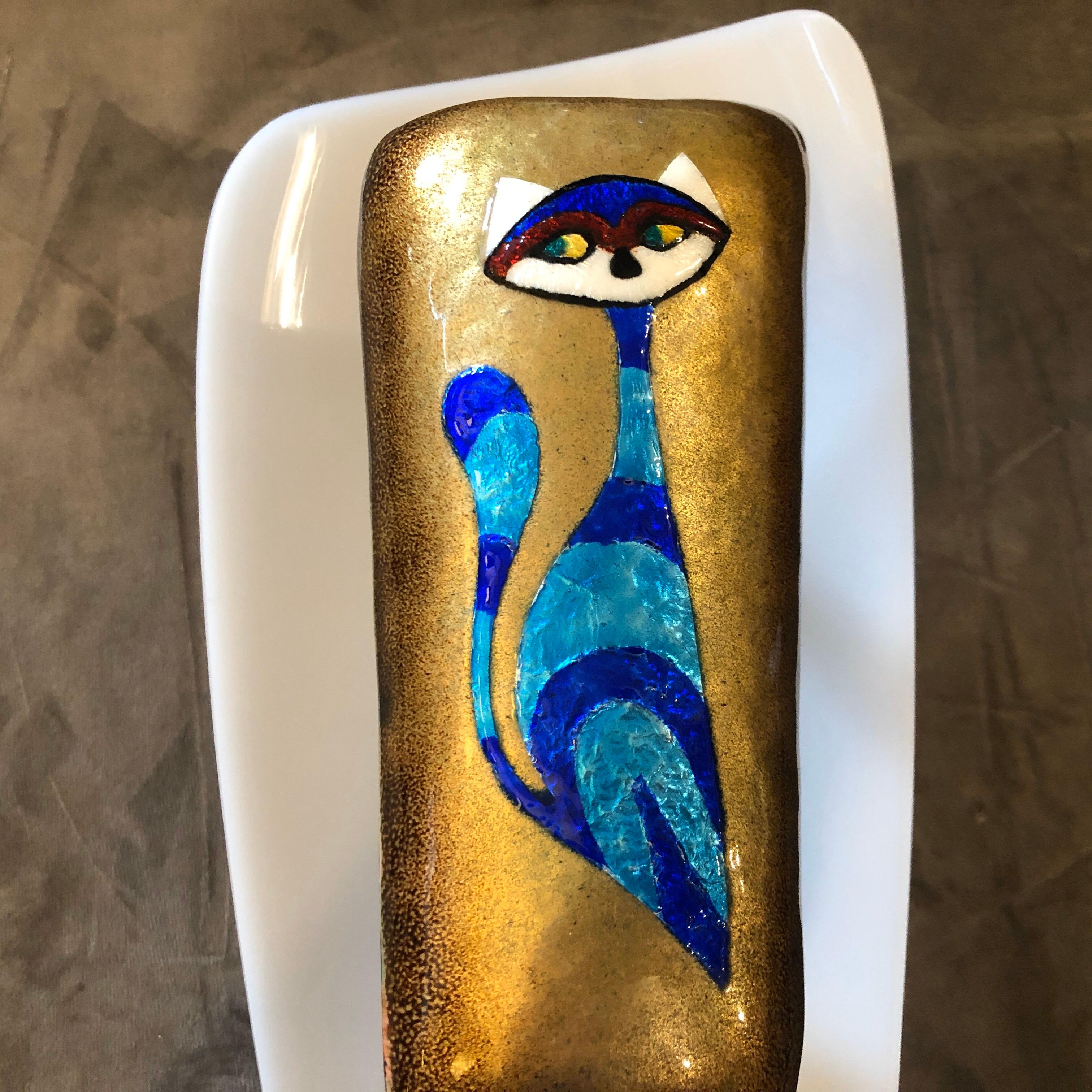 A rare enameled copper and plexiglass italian wall sconces made in the Sixties by Paolo De Poli, famous artist and producer that cooperates with Giò Ponti. Every sconce of Paolo de Poli it's an unique piece, this one depicting a blue cat.