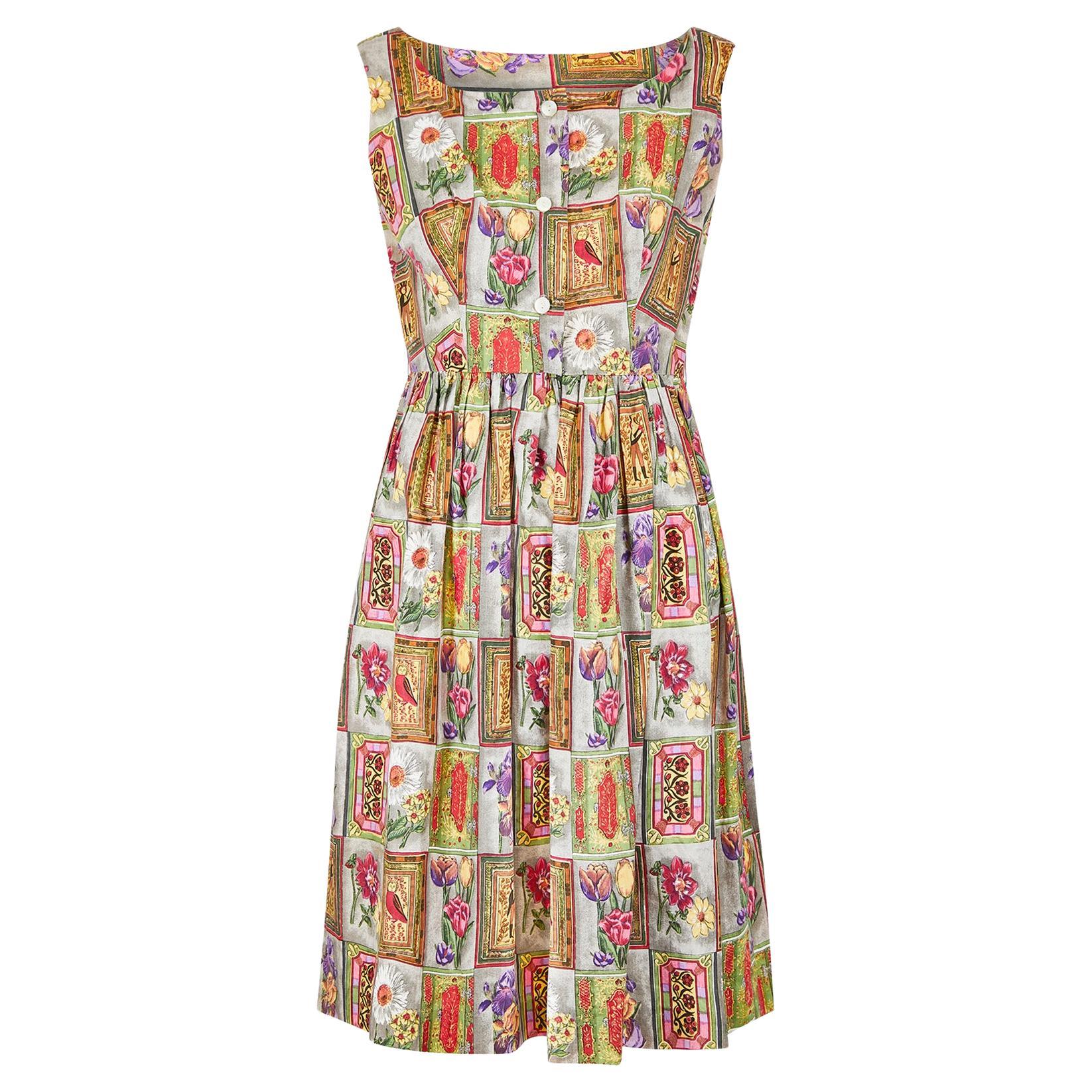 1960s Parikene Cotton Novelty Frame Print Shirtwaister Dress For Sale