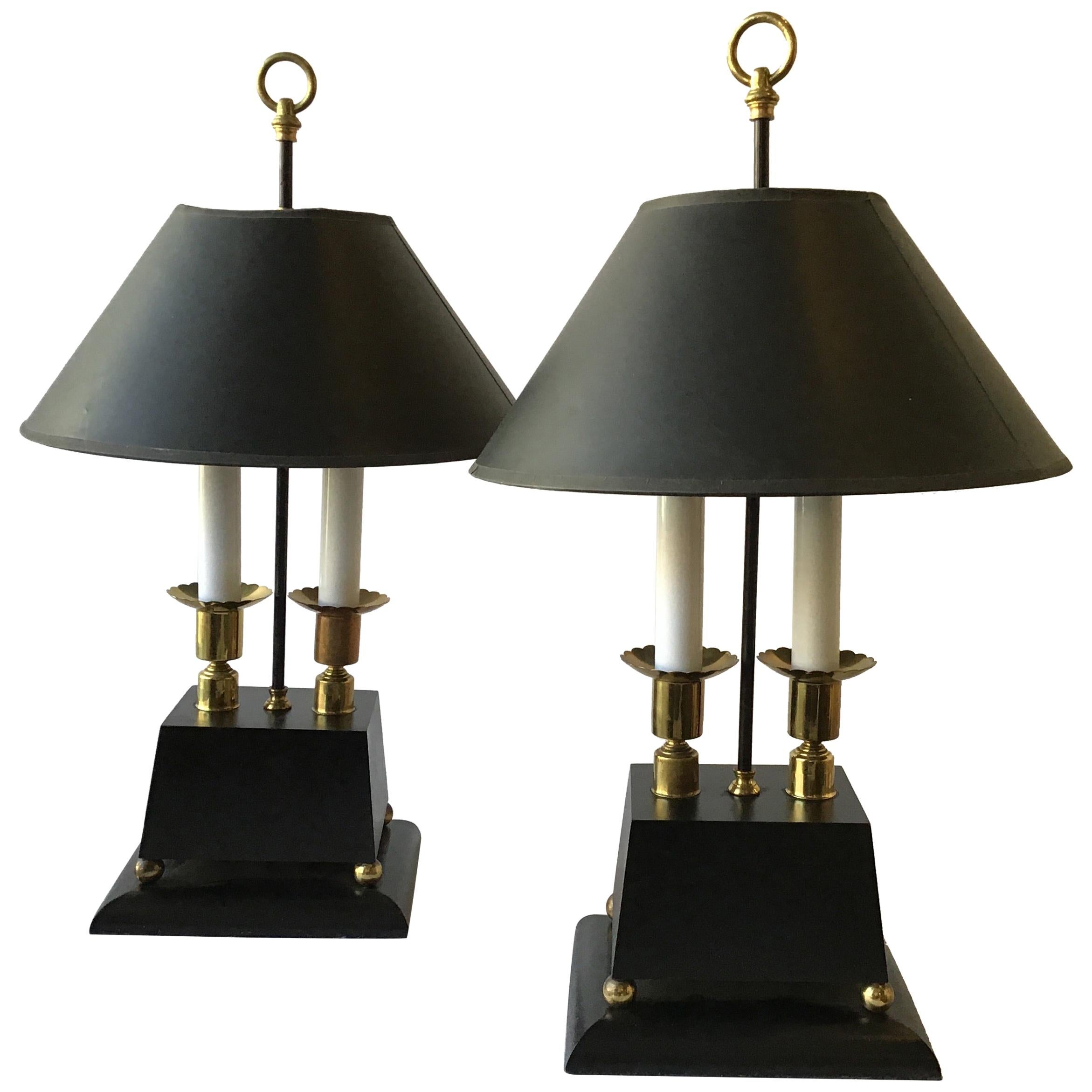 1960s Parzinger Style Brass and Black Wood Lamps For Sale