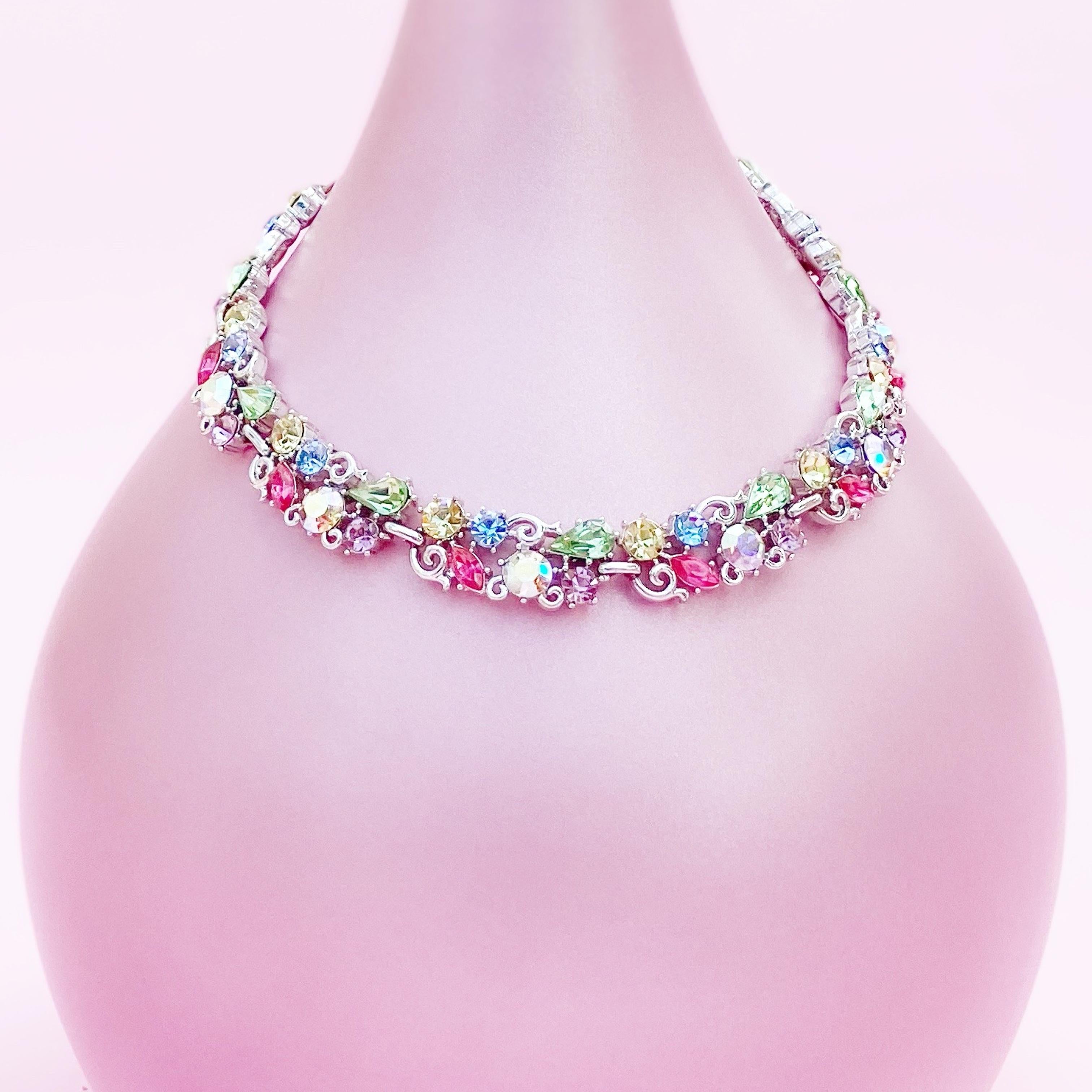 1960s Pastel Crystal Rhinestone Fruit Salad Cocktail Choker Necklace By Lisner 3