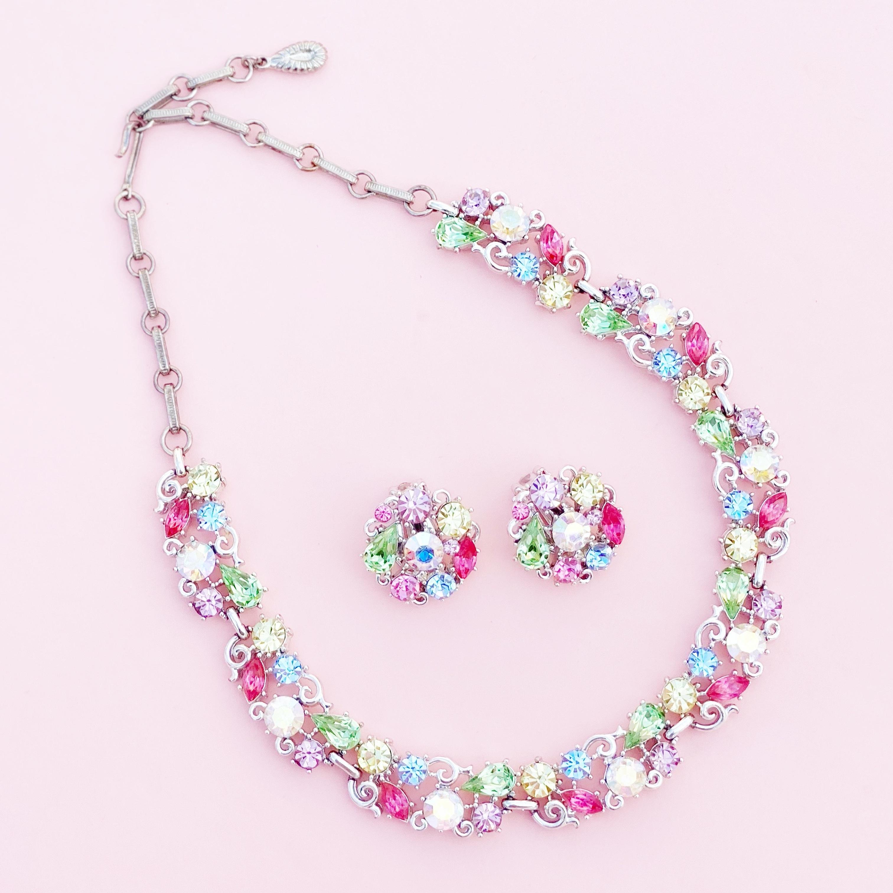 1960s Pastel Crystal Rhinestone Fruit Salad Cocktail Choker Necklace By Lisner 6