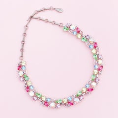 1960s Pastel Crystal Rhinestone Fruit Salad Cocktail Choker Necklace By Lisner