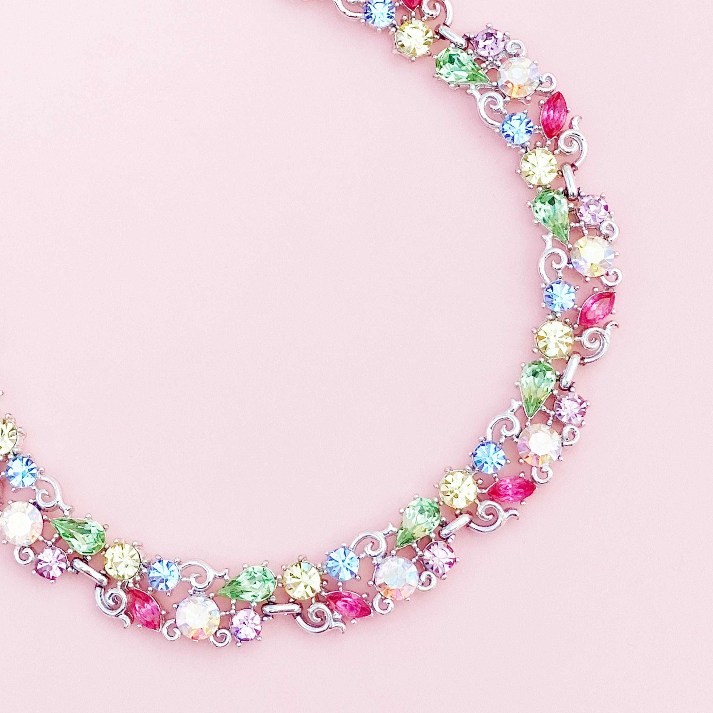 Modern 1960s Pastel Crystal Rhinestone Fruit Salad Cocktail Choker Necklace By Lisner