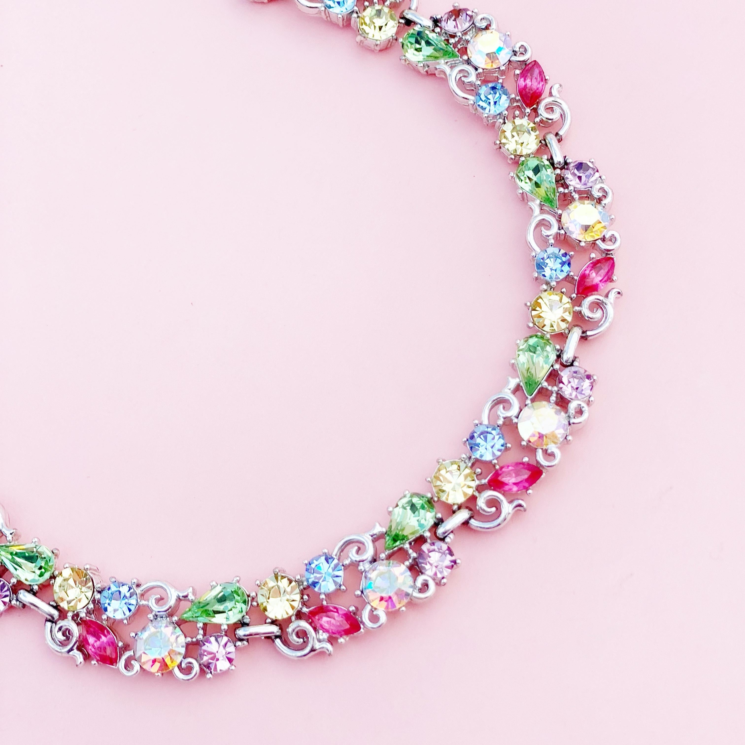 1960s Pastel Crystal Rhinestone Fruit Salad Cocktail Choker Necklace By Lisner In Good Condition In McKinney, TX