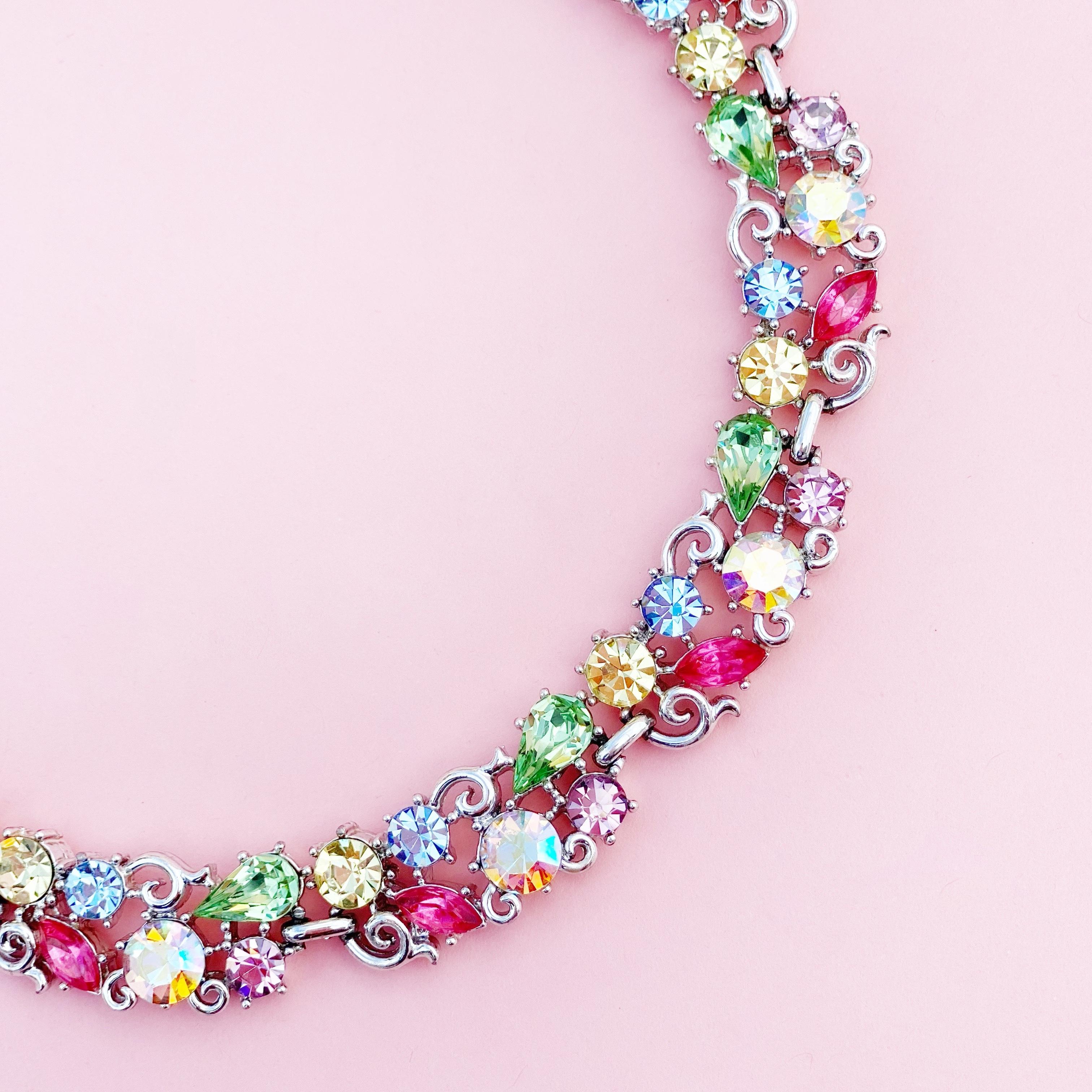 1960s Pastel Crystal Rhinestone Fruit Salad Cocktail Choker Necklace By Lisner In Good Condition In McKinney, TX