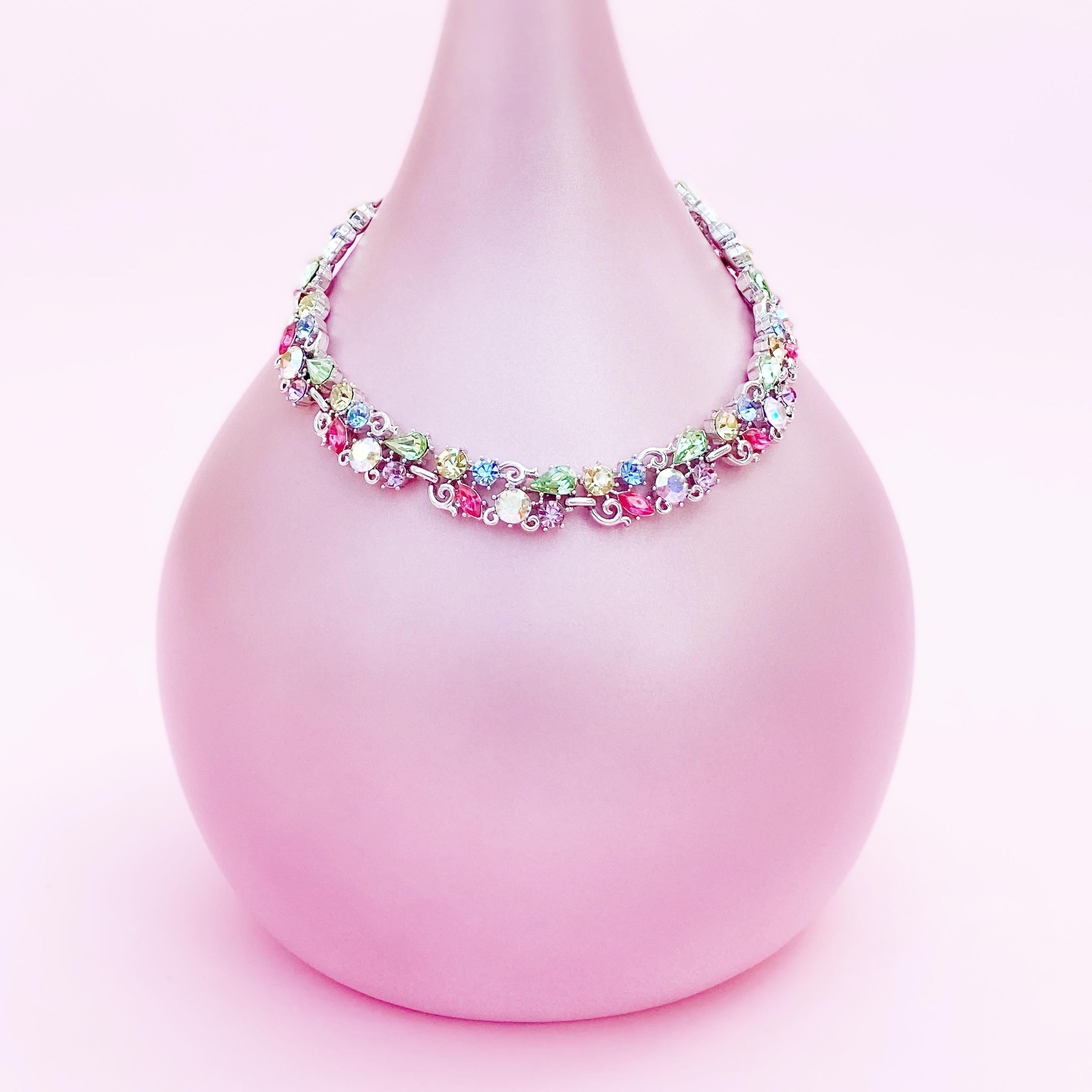 1960s Pastel Crystal Rhinestone Fruit Salad Cocktail Choker Necklace By Lisner 1