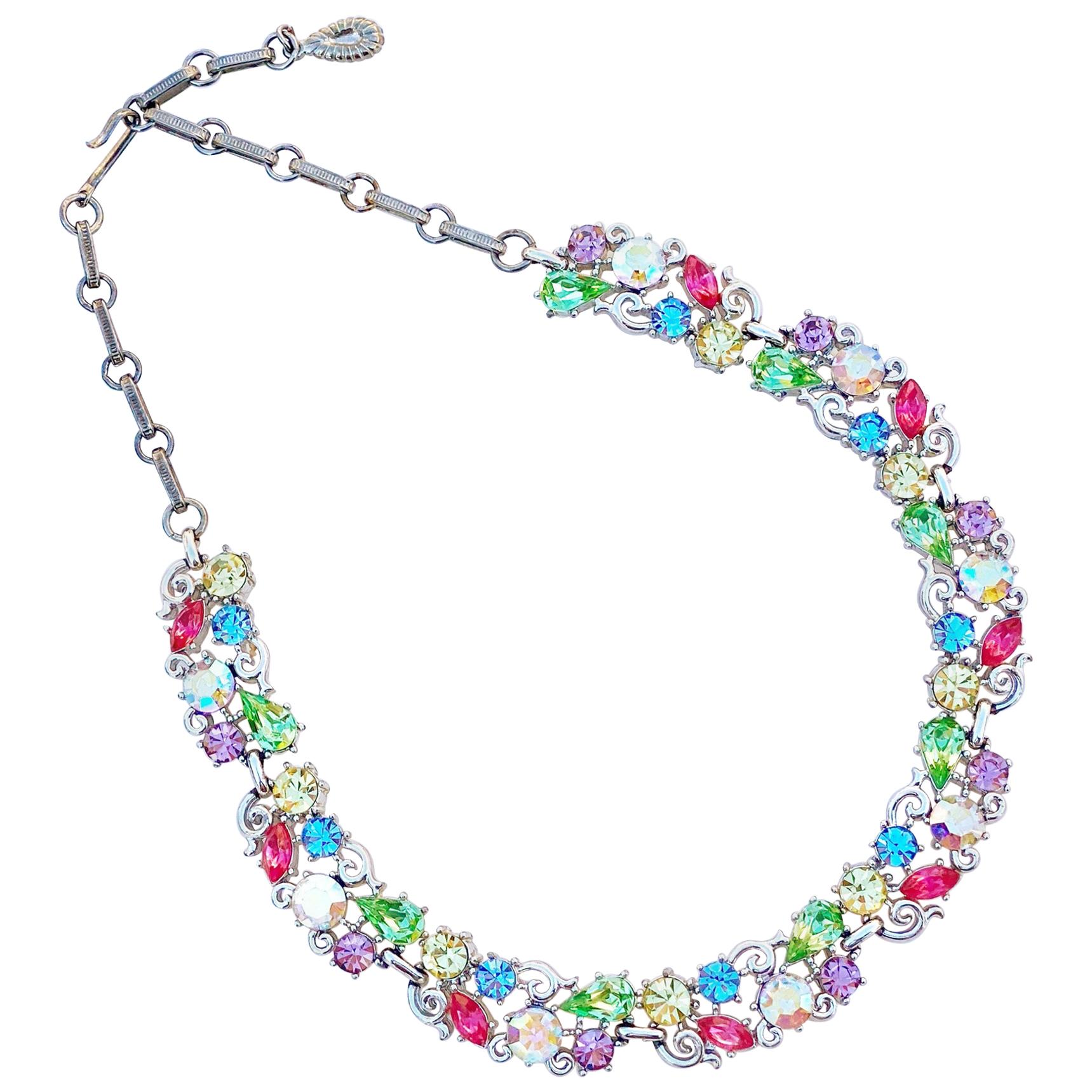 1960s Pastel Crystal Rhinestone Fruit Salad Cocktail Choker Necklace By Lisner