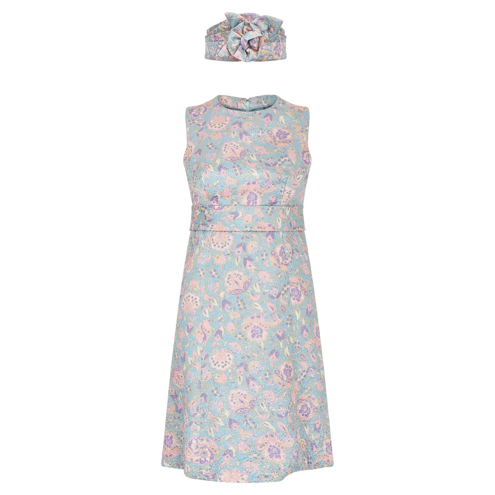 1960s Pastel Floral Lame A-Line Dress with Matching Headband For Sale